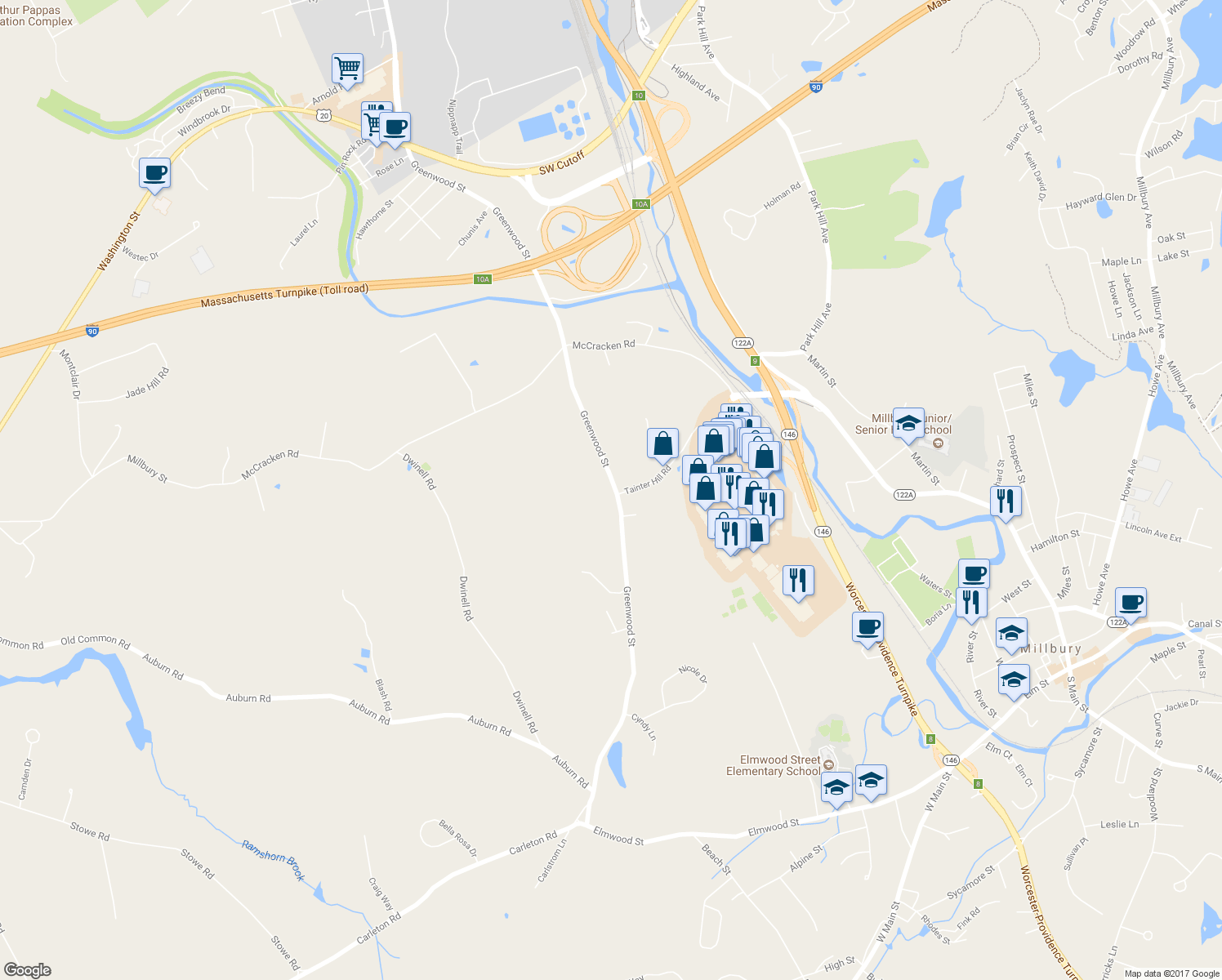 map of restaurants, bars, coffee shops, grocery stores, and more near 410 Greenwood Street in Millbury