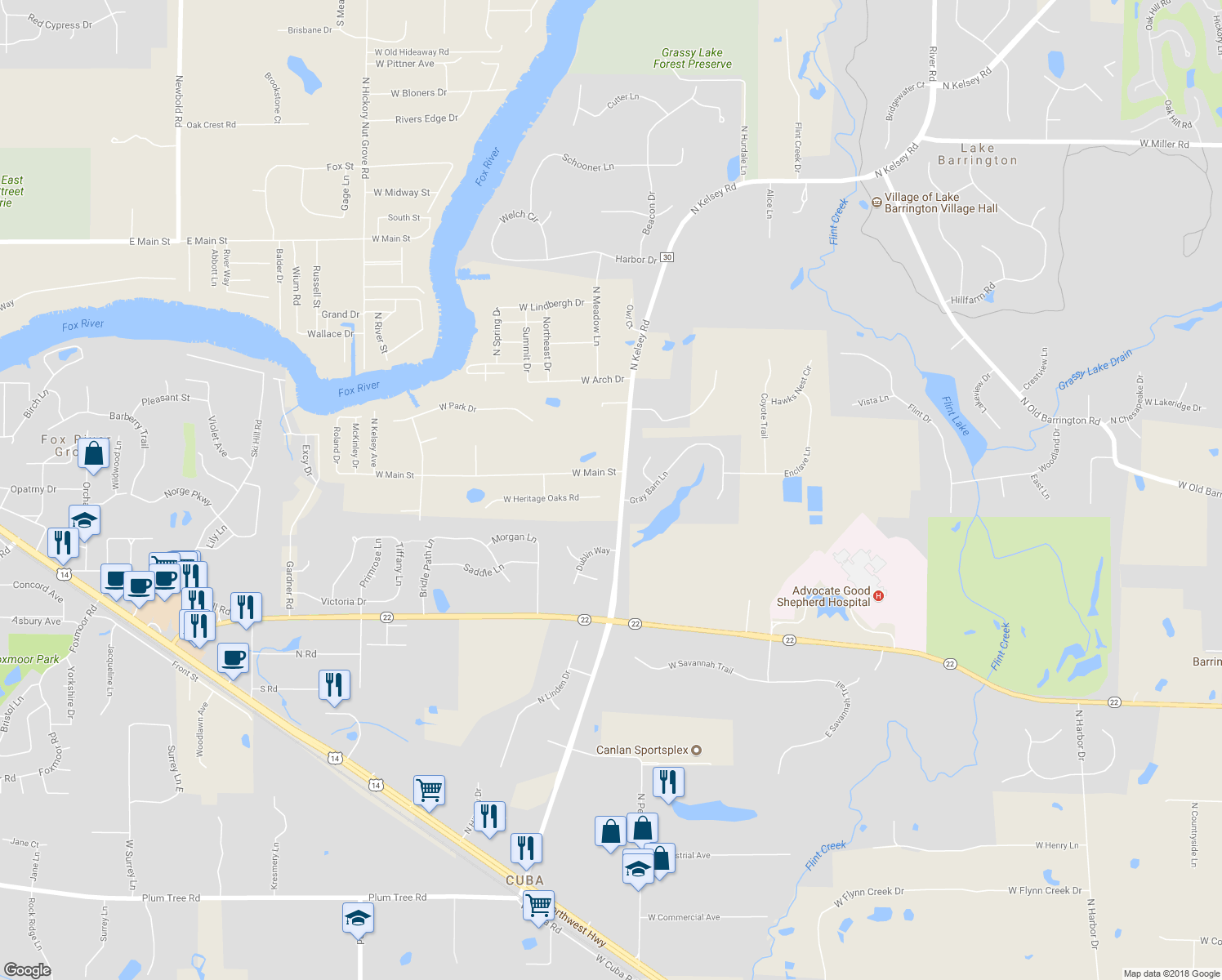 map of restaurants, bars, coffee shops, grocery stores, and more near 28360 West Heritage Oaks Road in Barrington