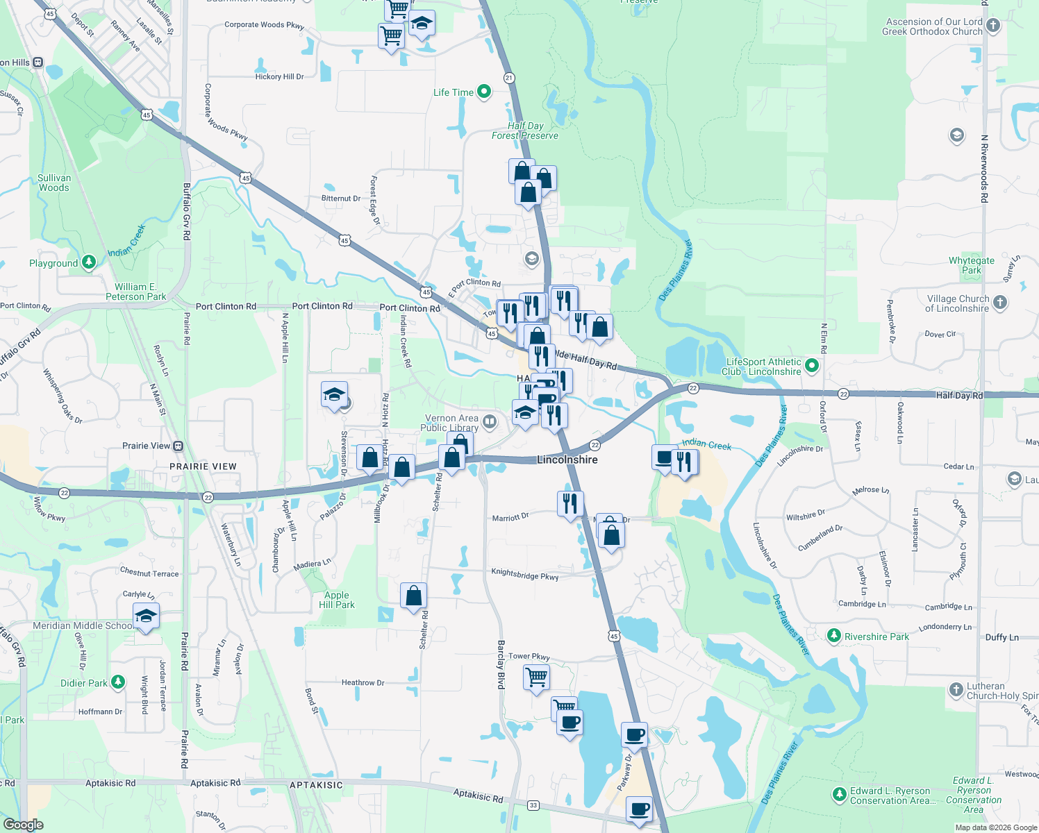 map of restaurants, bars, coffee shops, grocery stores, and more near 1318 Milwaukee Avenue in Buffalo Grove