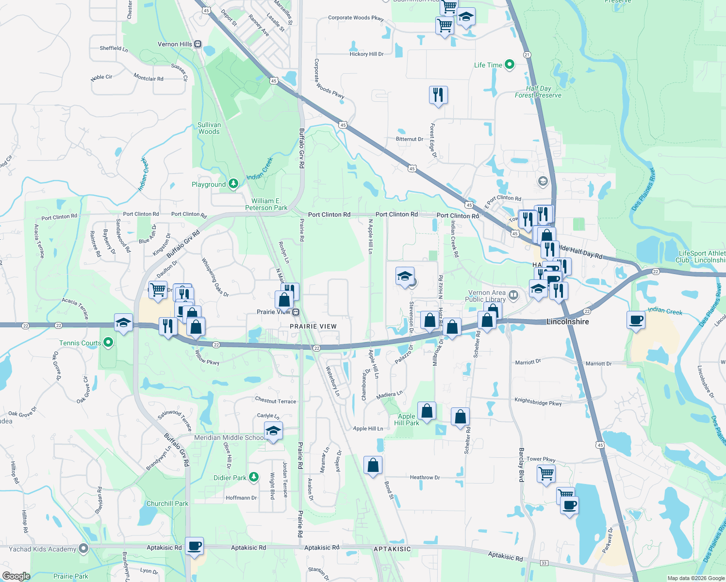 map of restaurants, bars, coffee shops, grocery stores, and more near 23152 North Apple Hill Lane in Lake County