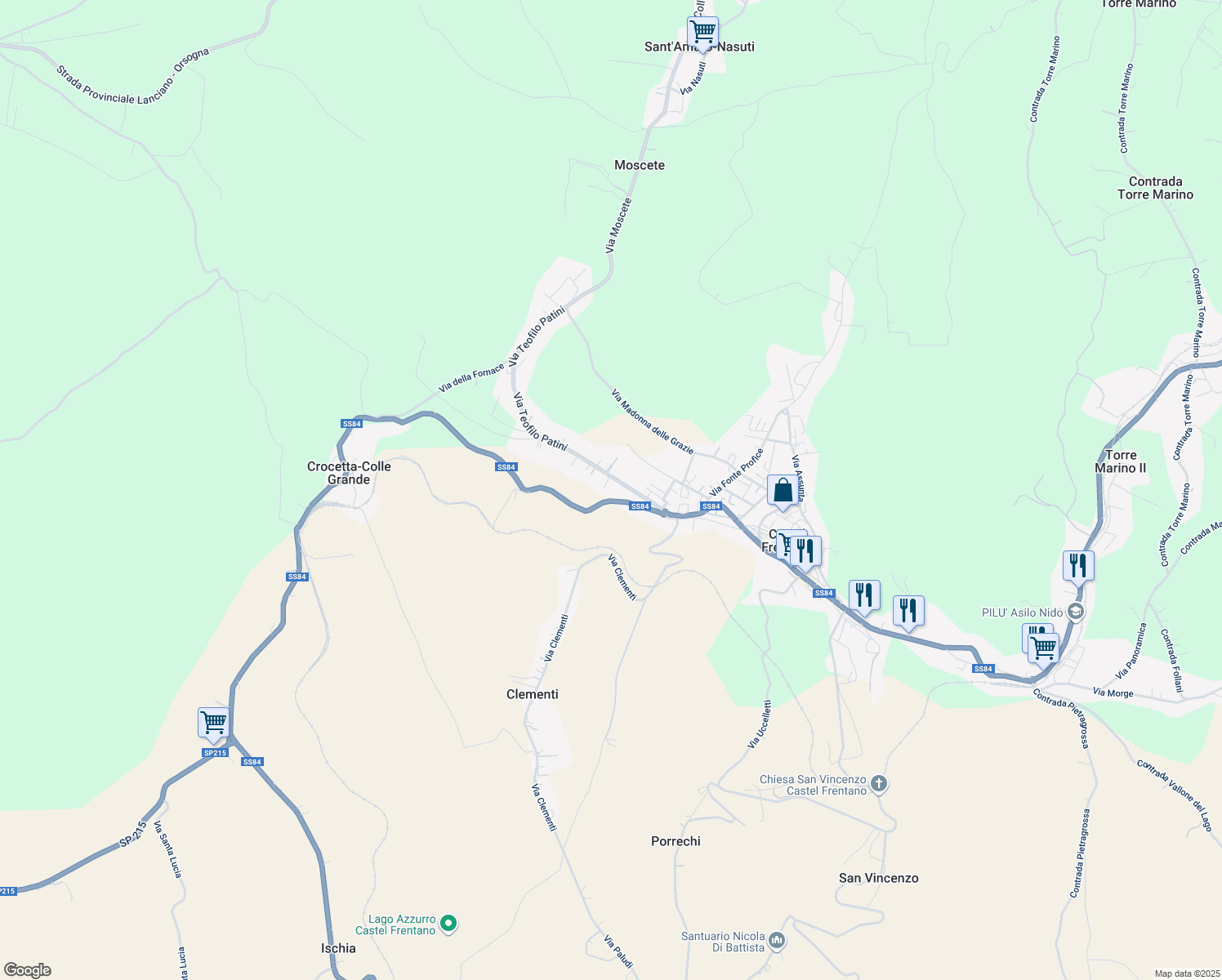 map of restaurants, bars, coffee shops, grocery stores, and more near 57 Via Teofilo Patini in Castel Frentano