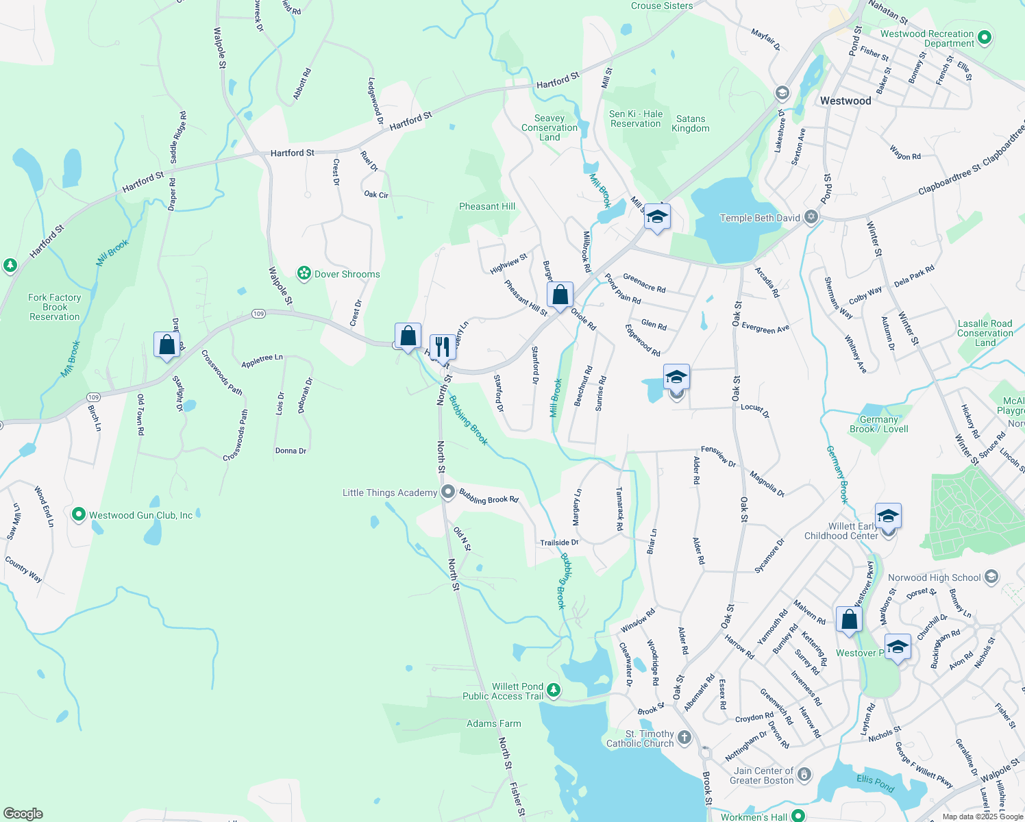 map of restaurants, bars, coffee shops, grocery stores, and more near 162 Stanford Drive in Westwood