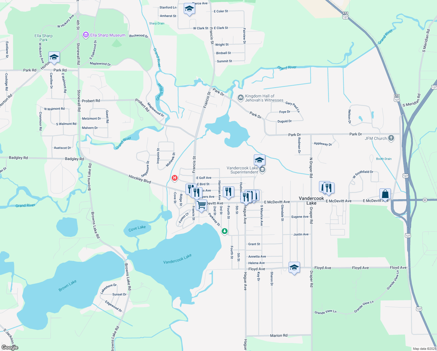 map of restaurants, bars, coffee shops, grocery stores, and more near 406 East Golf Avenue in Jackson