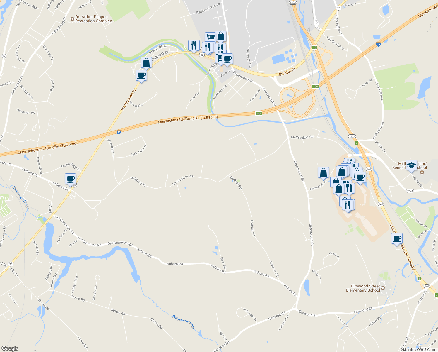 map of restaurants, bars, coffee shops, grocery stores, and more near 76 McCracken Road in Millbury