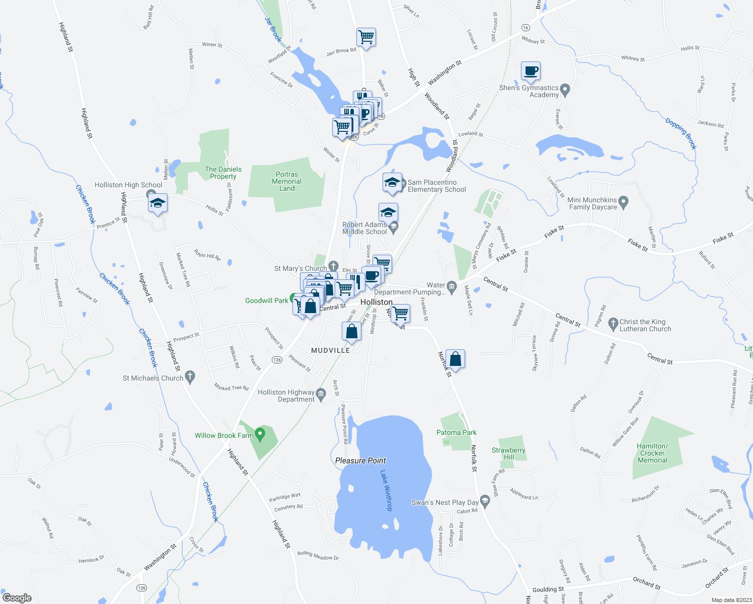 map of restaurants, bars, coffee shops, grocery stores, and more near in Holliston