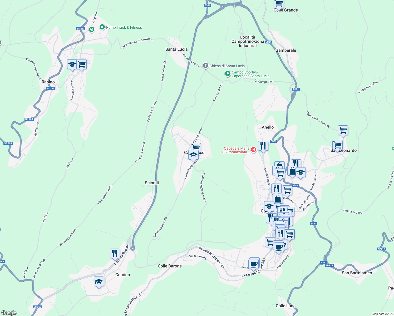 map of restaurants, bars, coffee shops, grocery stores, and more near 71 Località Caporosso in Caporosso