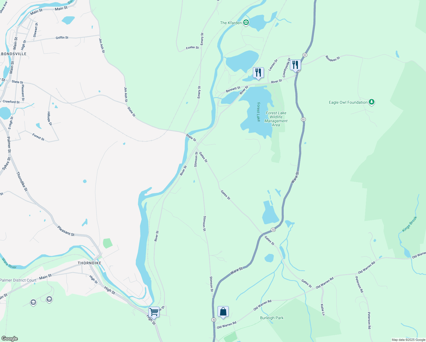 map of restaurants, bars, coffee shops, grocery stores, and more near 291 Gates Street in Palmer