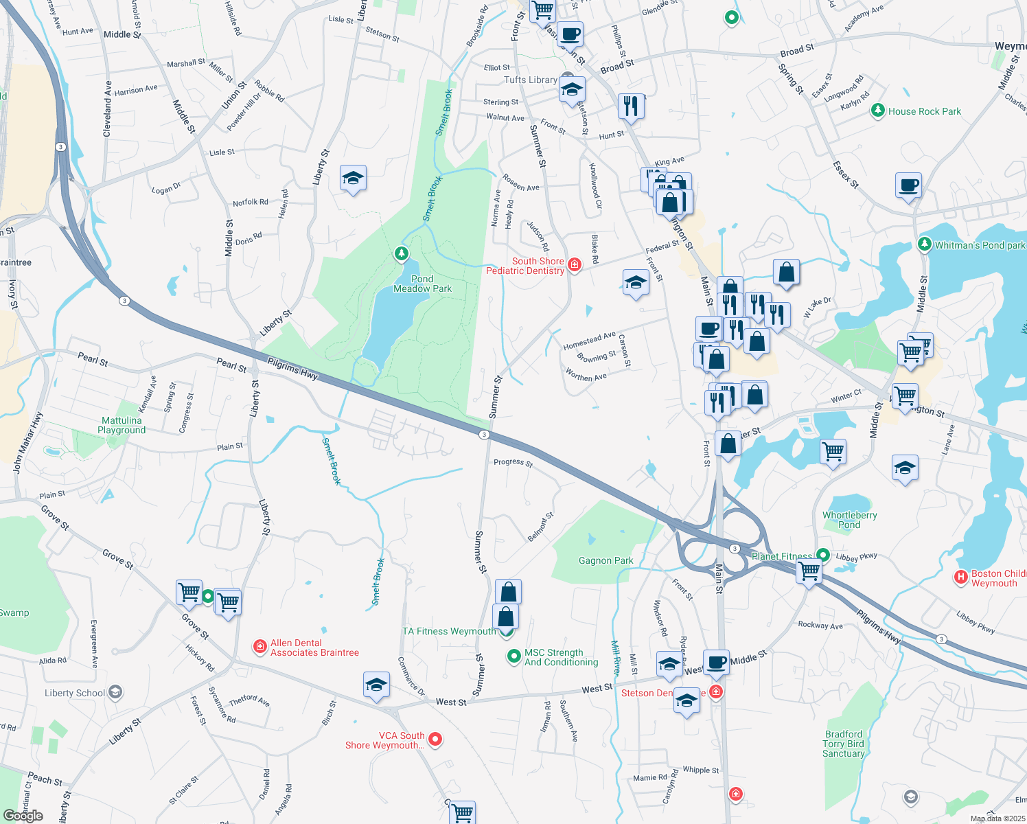 map of restaurants, bars, coffee shops, grocery stores, and more near 384R Summer Street in Weymouth