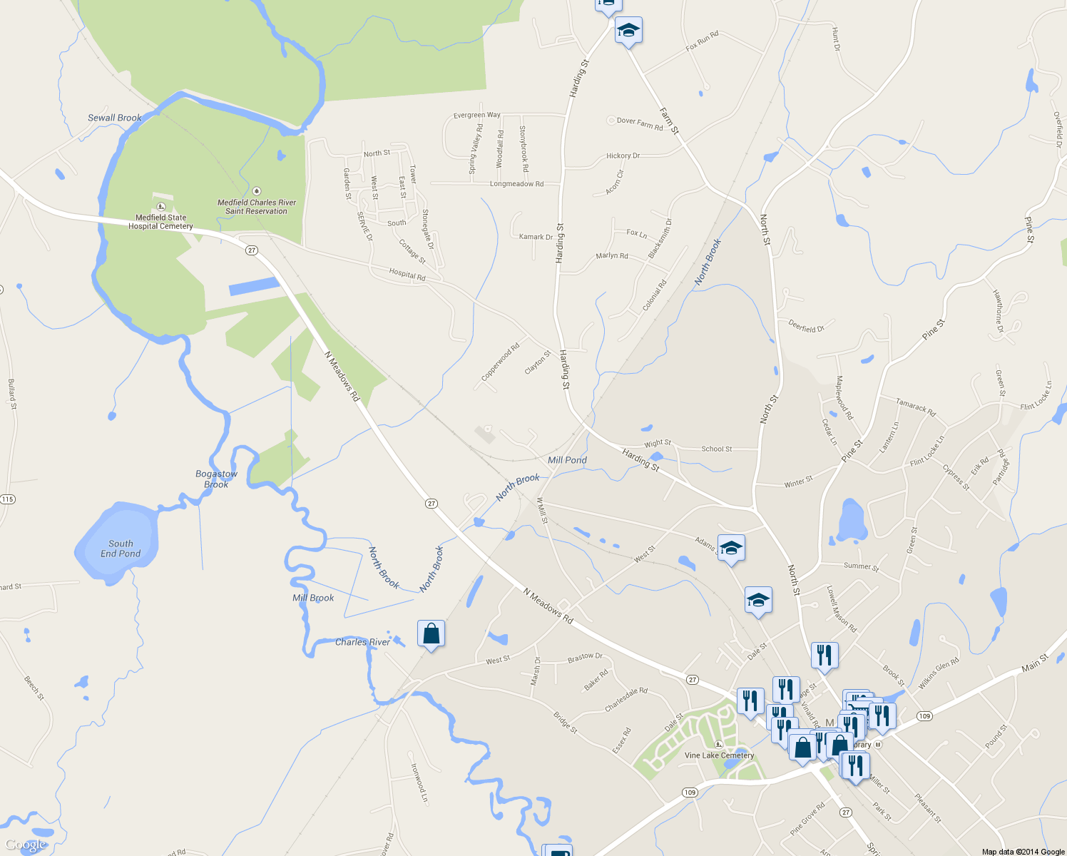 map of restaurants, bars, coffee shops, grocery stores, and more near 1 Ice House Road in Medfield