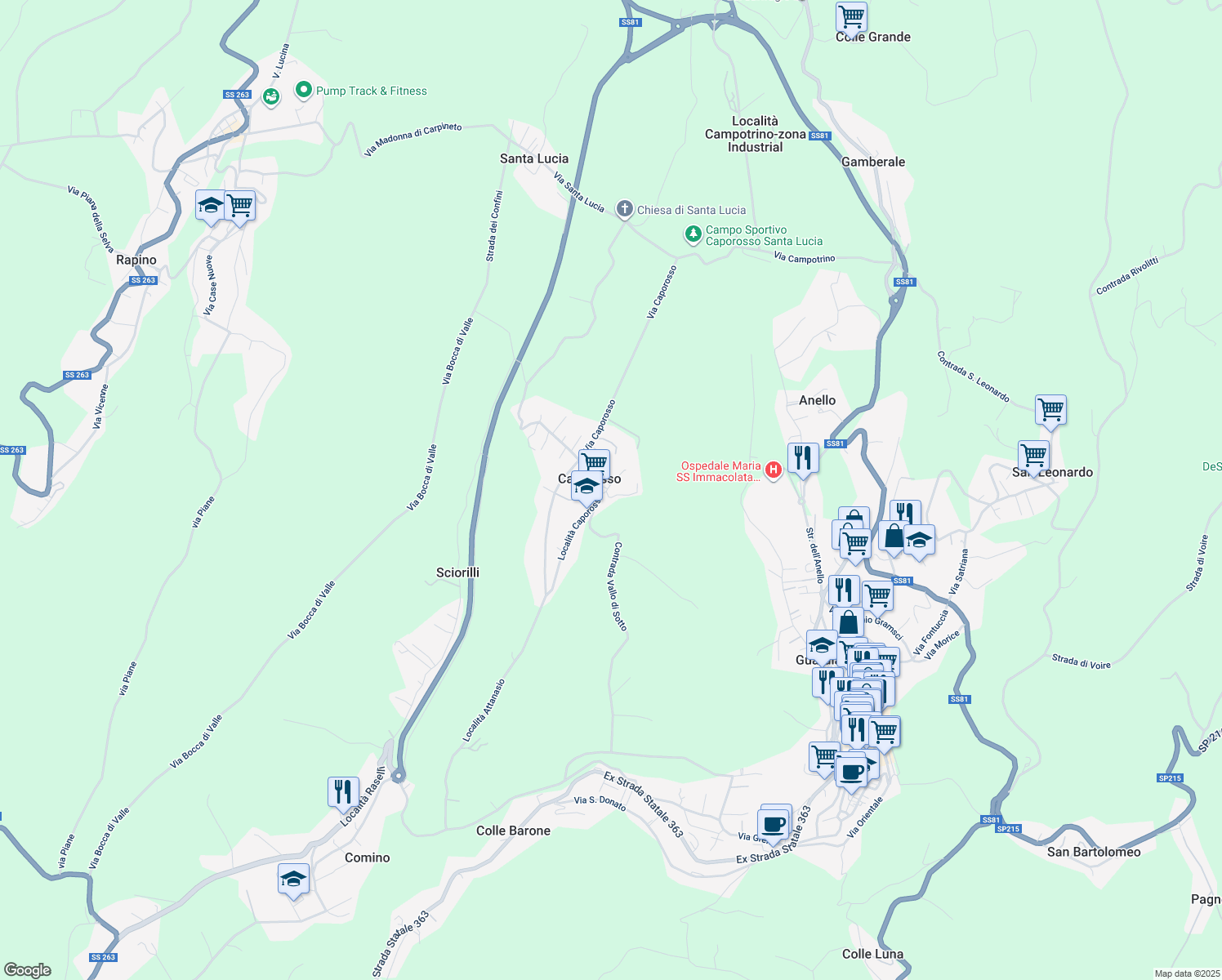 map of restaurants, bars, coffee shops, grocery stores, and more near 71 Località Caporosso in Caporosso