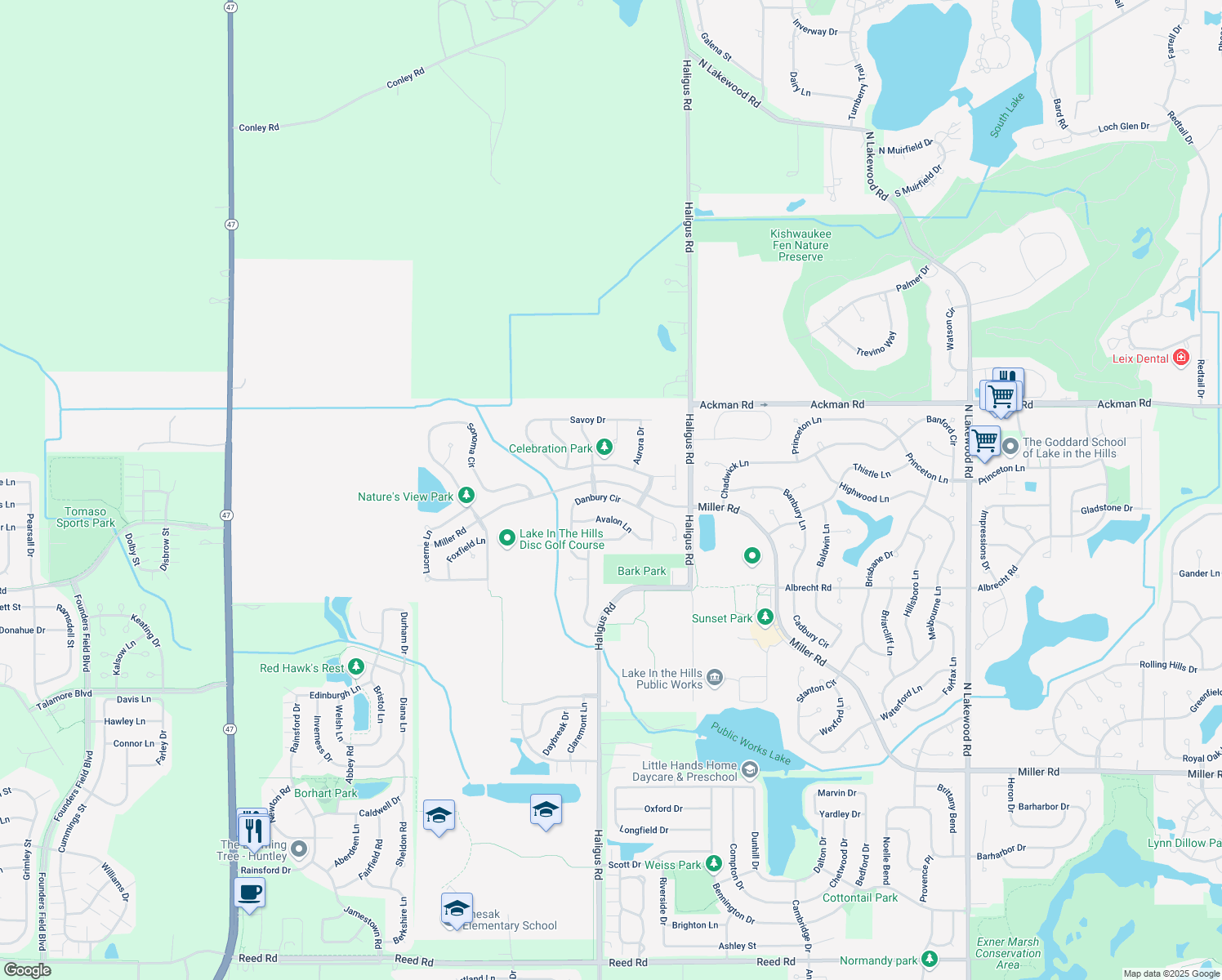 map of restaurants, bars, coffee shops, grocery stores, and more near 5443 Danbury Circle in Lake in the Hills