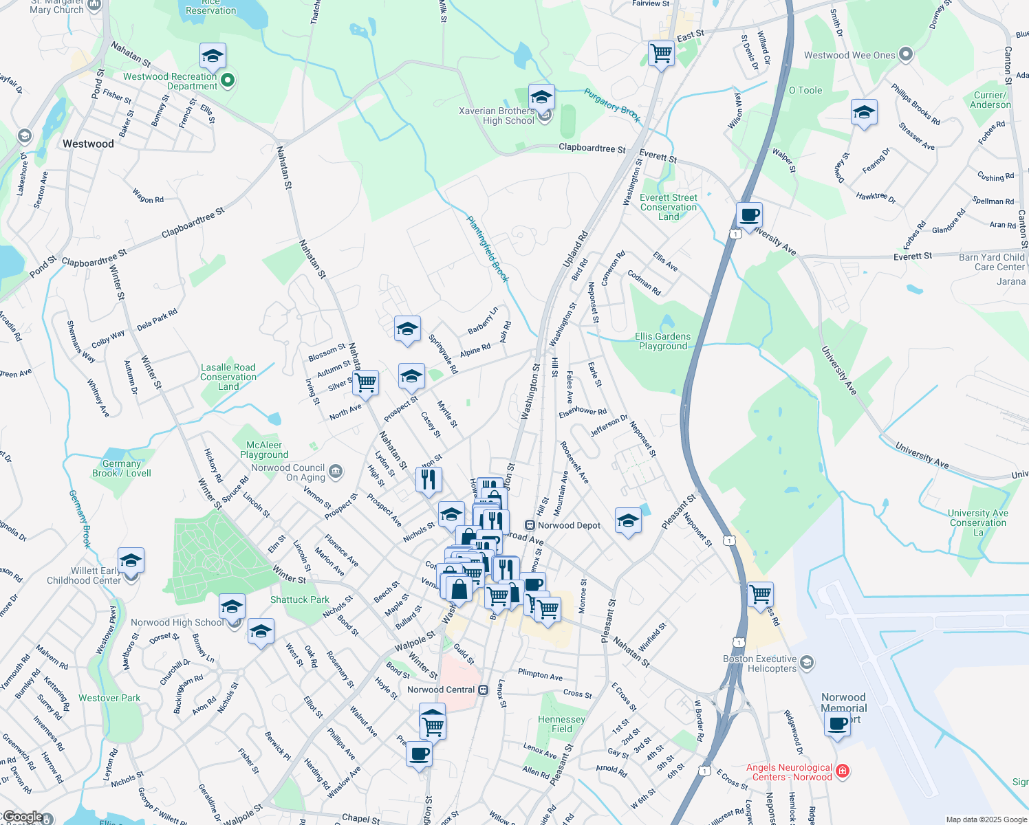 map of restaurants, bars, coffee shops, grocery stores, and more near 367-389 Washington Street in Norwood