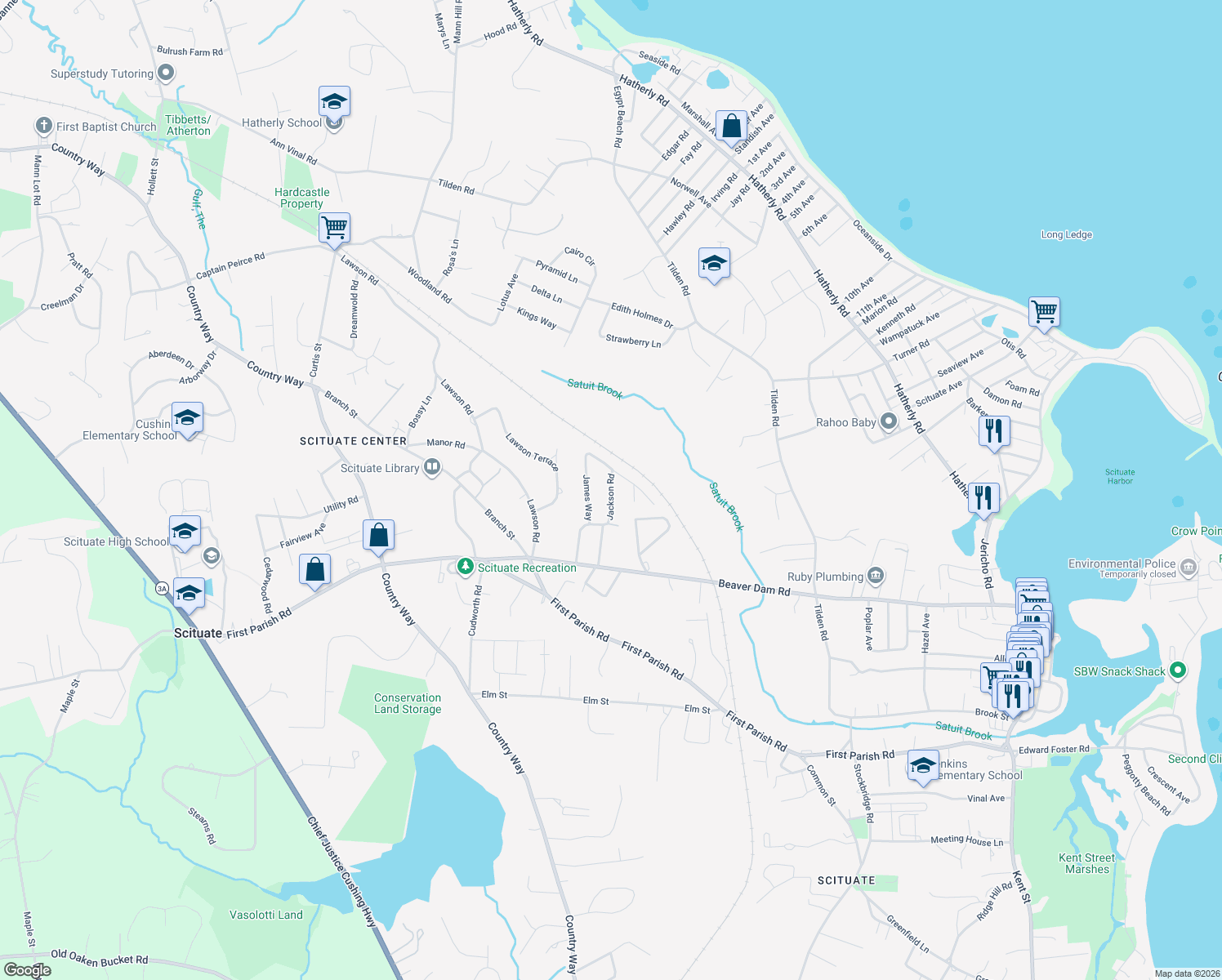 map of restaurants, bars, coffee shops, grocery stores, and more near 43 Jackson Road in Scituate
