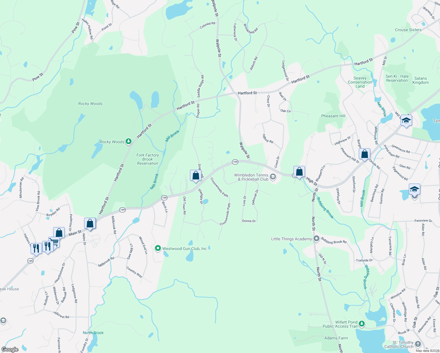 map of restaurants, bars, coffee shops, grocery stores, and more near 3 Appletree Ln in Walpole