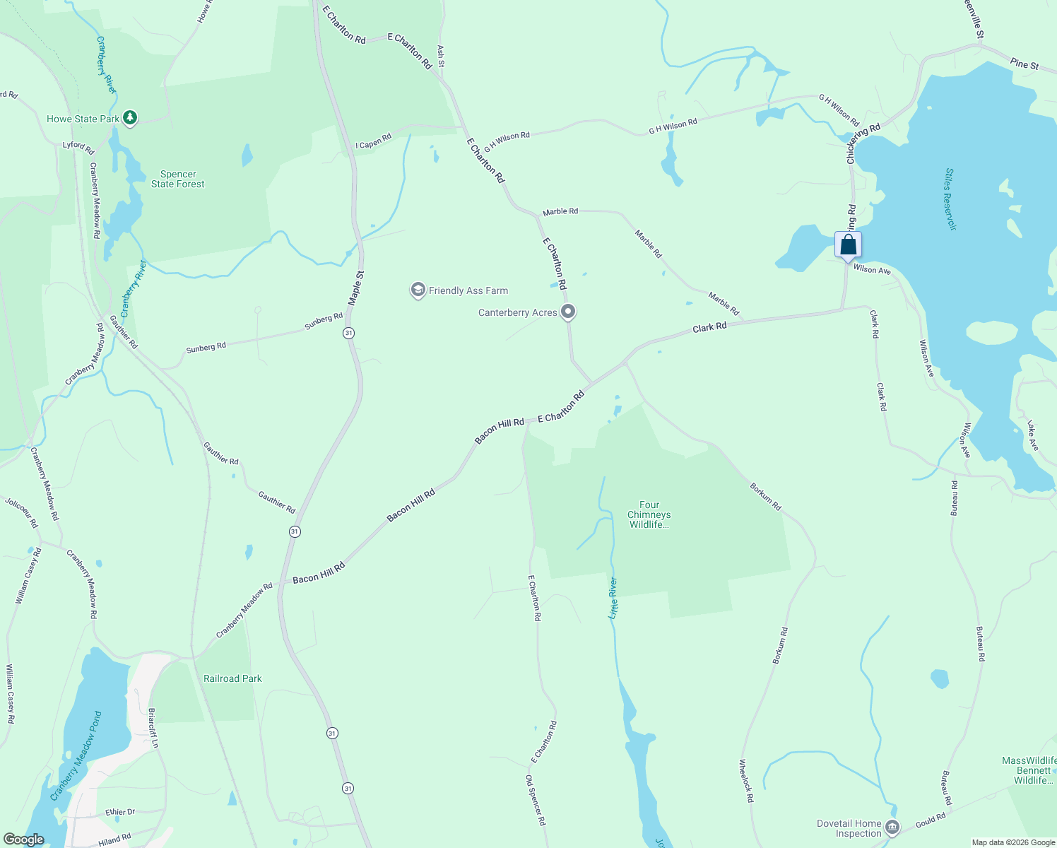 map of restaurants, bars, coffee shops, grocery stores, and more near 94 East Charlton Road in Spencer