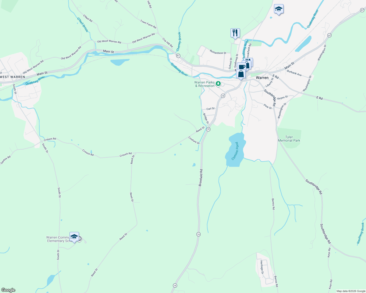 map of restaurants, bars, coffee shops, grocery stores, and more near 171 Reed Street in Warren