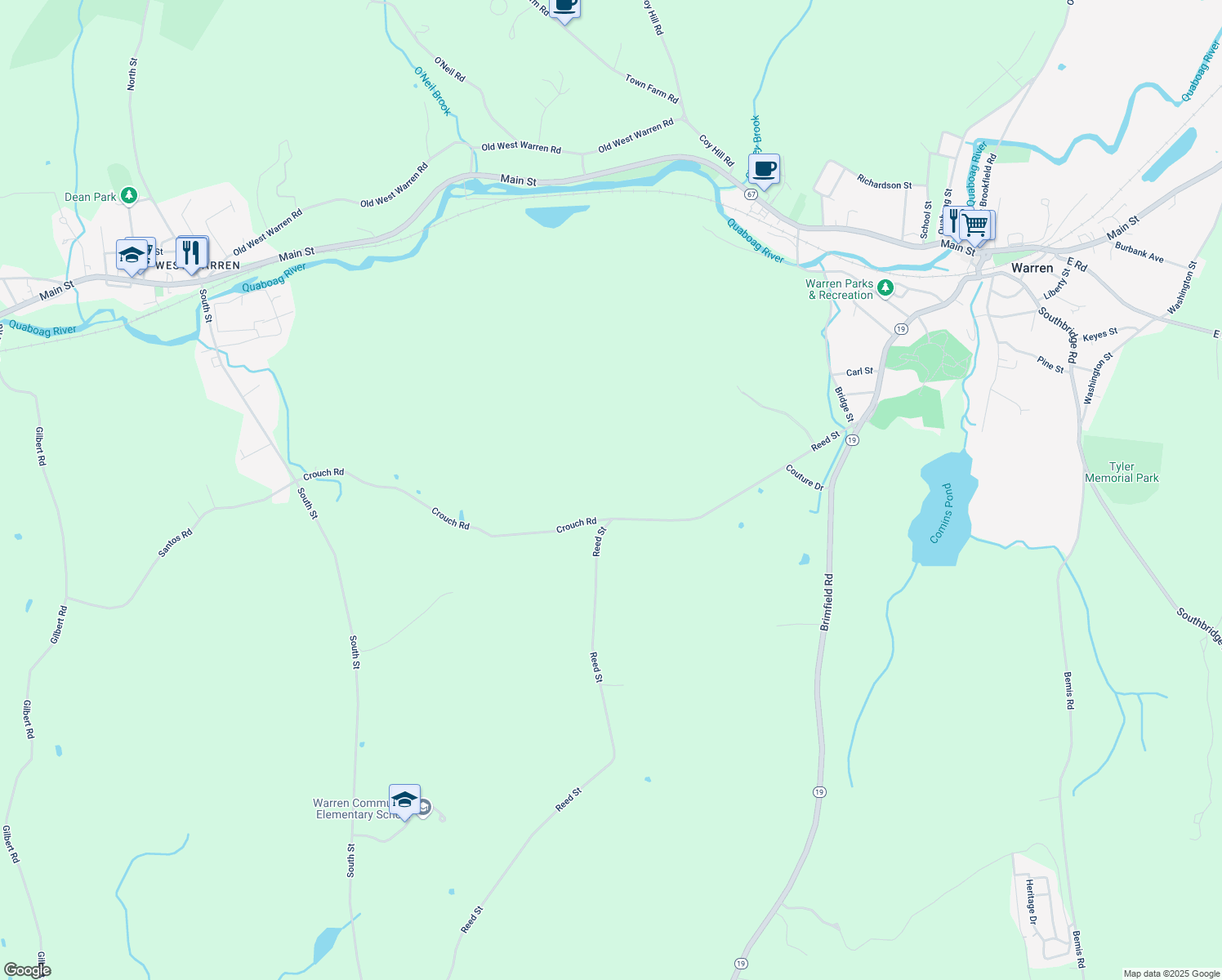 map of restaurants, bars, coffee shops, grocery stores, and more near 366 Reed Street in Warren