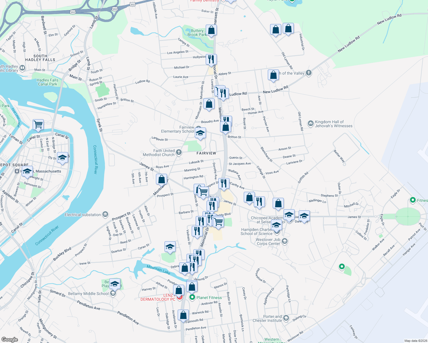 map of restaurants, bars, coffee shops, grocery stores, and more near 46 Dorothy Street in Chicopee