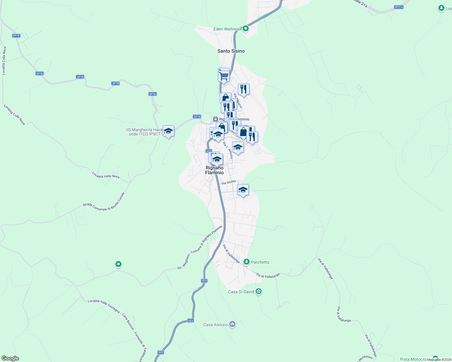map of restaurants, bars, coffee shops, grocery stores, and more near 8 Via Giotto in Rignano Flaminio