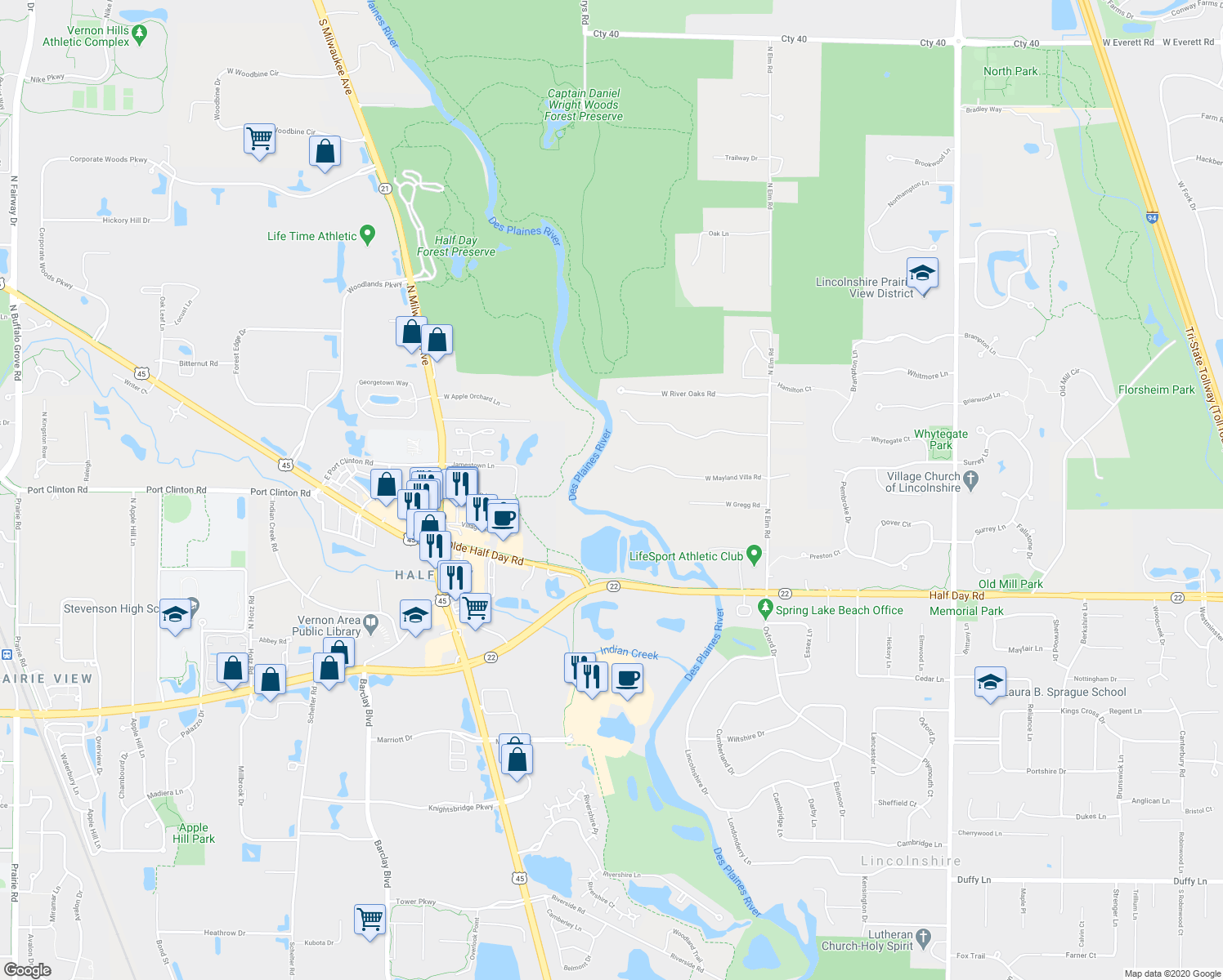 map of restaurants, bars, coffee shops, grocery stores, and more near 14445 West Mayland Villa Road in Lincolnshire