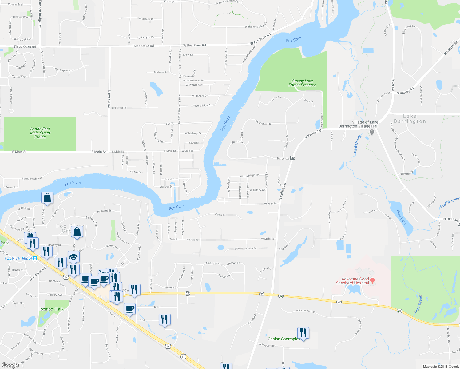 map of restaurants, bars, coffee shops, grocery stores, and more near 23515 North Spring Drive in Barrington