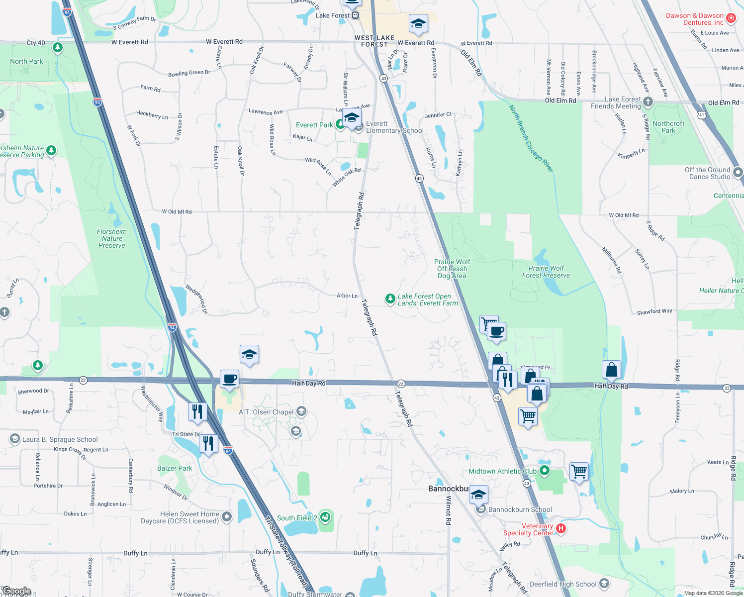 map of restaurants, bars, coffee shops, grocery stores, and more near 1901 Telegraph Road in Lake Forest