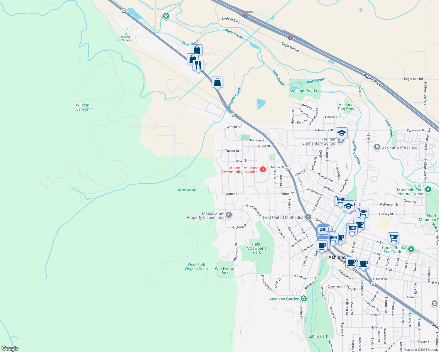 map of restaurants, bars, coffee shops, grocery stores, and more near 521 Thornton Way in Ashland