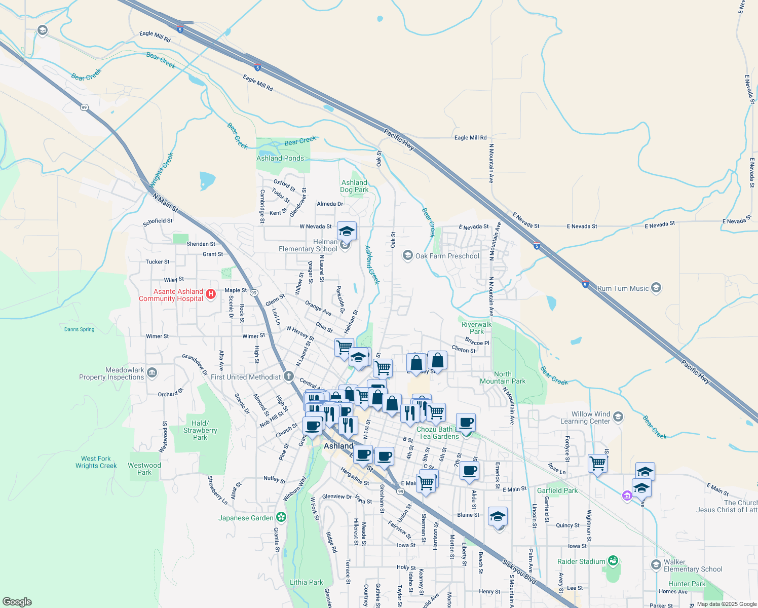 map of restaurants, bars, coffee shops, grocery stores, and more near 779 Oak St in Ashland