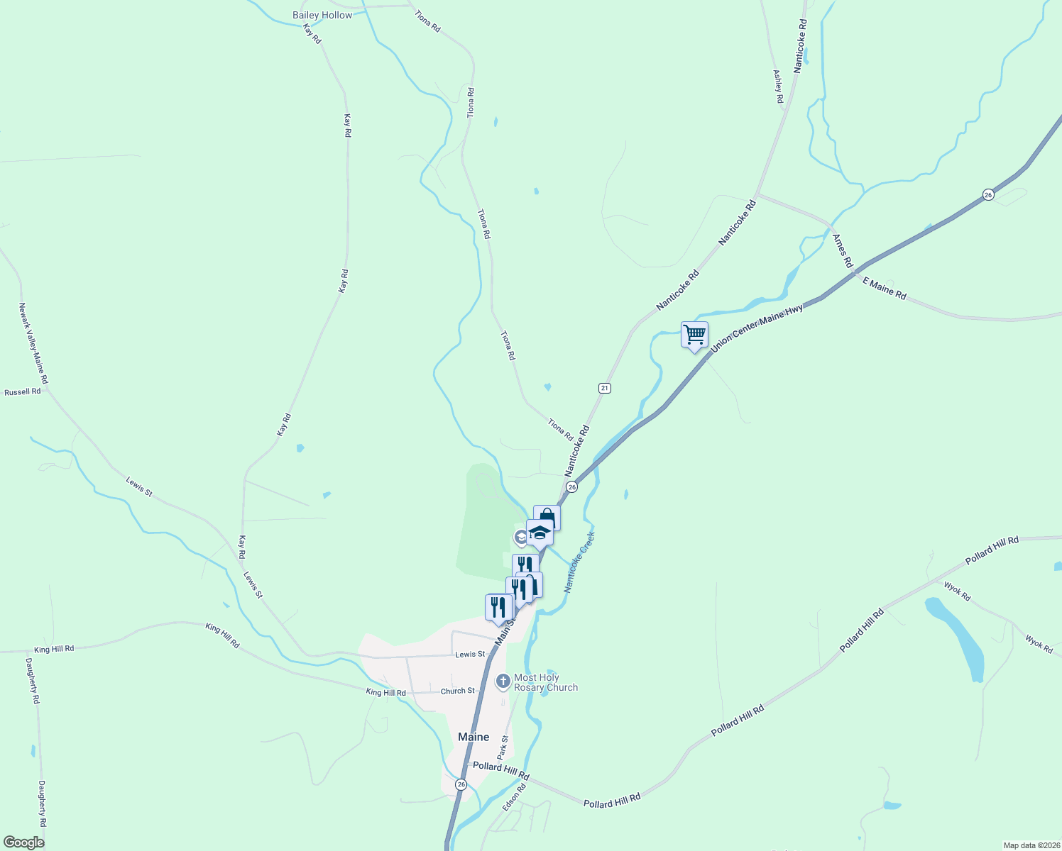 map of restaurants, bars, coffee shops, grocery stores, and more near 41 Tiona Road in Newark Valley