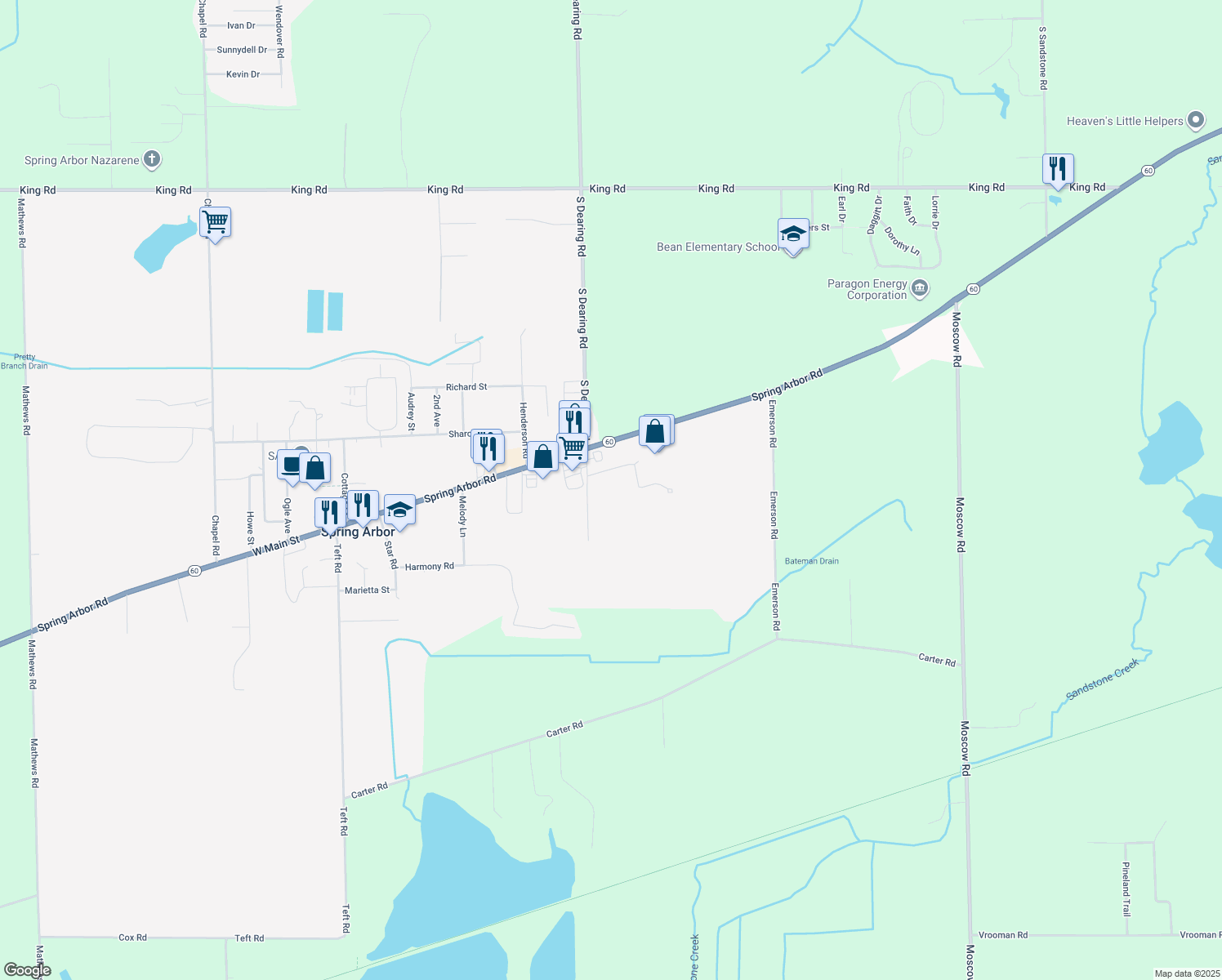 map of restaurants, bars, coffee shops, grocery stores, and more near 3700 South Dearing Road in Spring Arbor