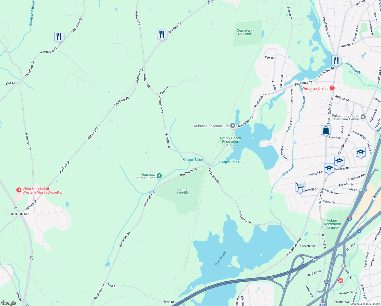 map of restaurants, bars, coffee shops, grocery stores, and more near 445 Leicester St in Auburn