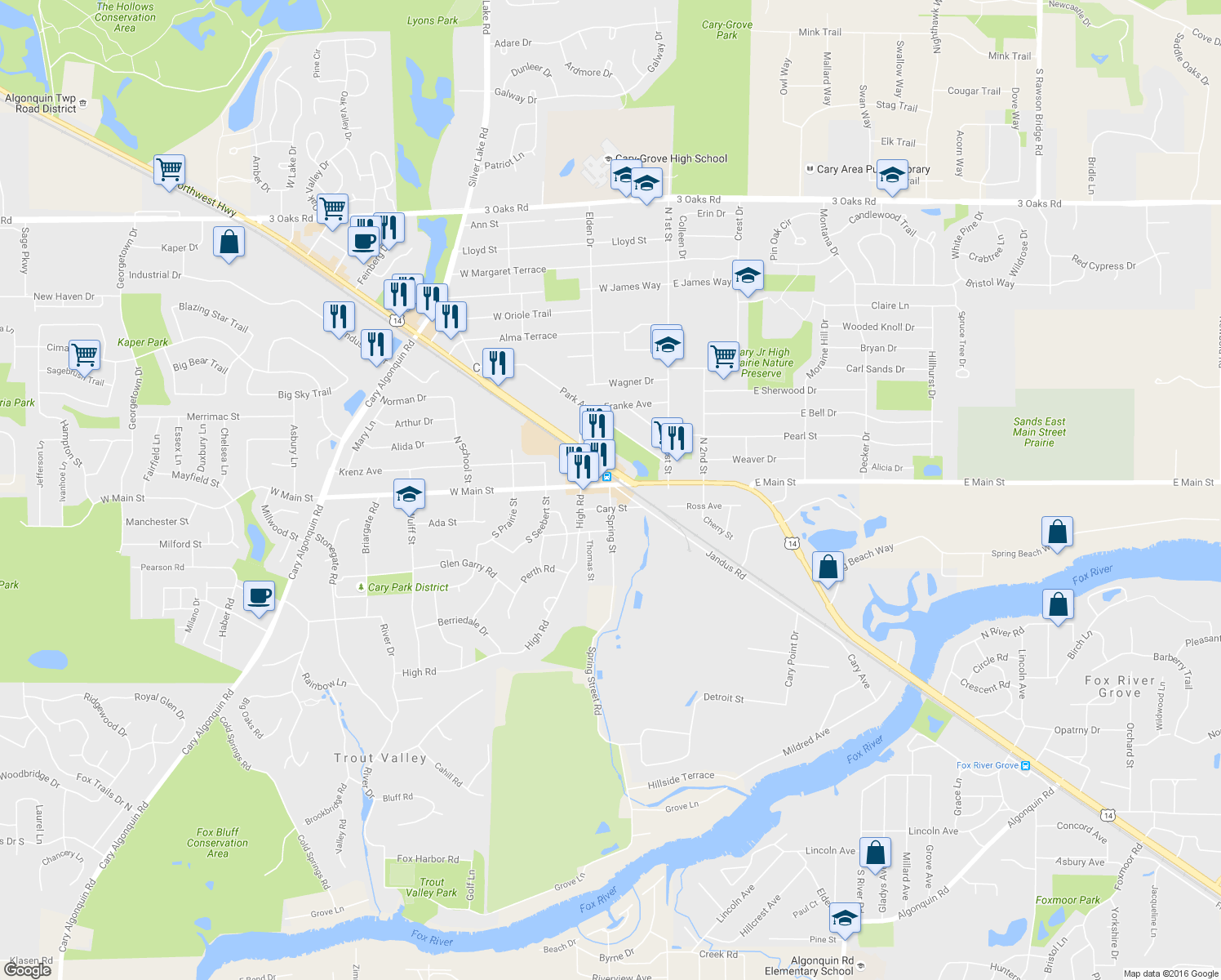 map of restaurants, bars, coffee shops, grocery stores, and more near in Cary