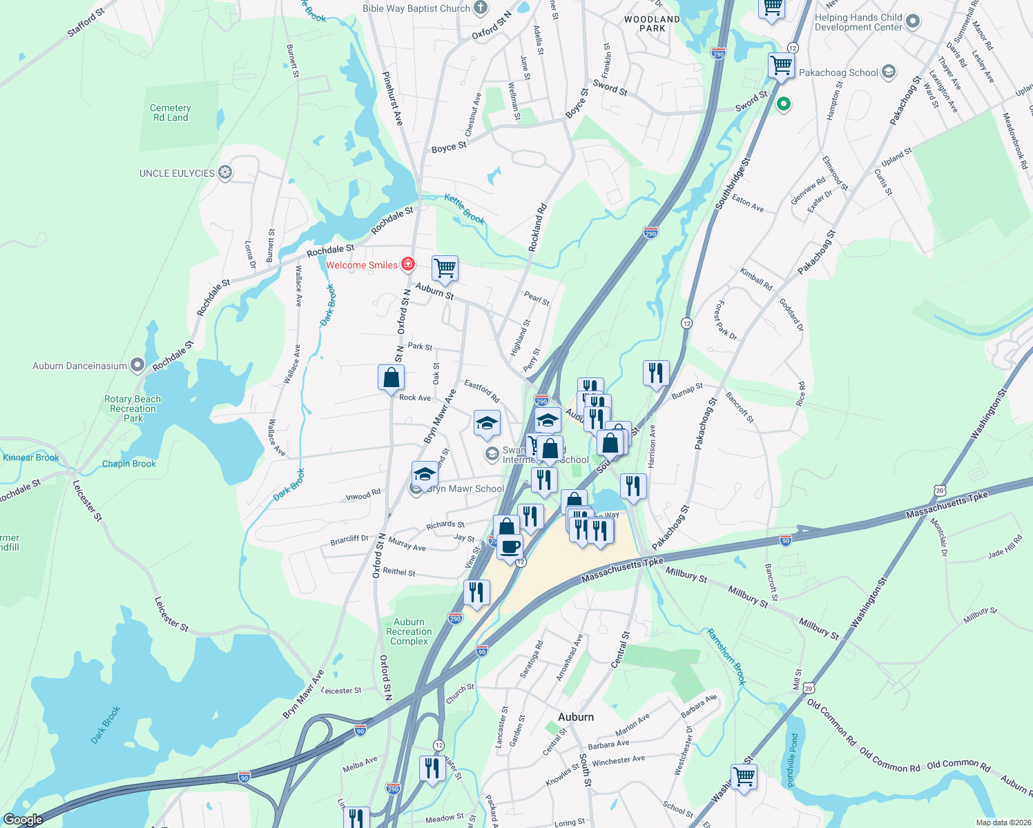 map of restaurants, bars, coffee shops, grocery stores, and more near 31 Eastford Road in Auburn