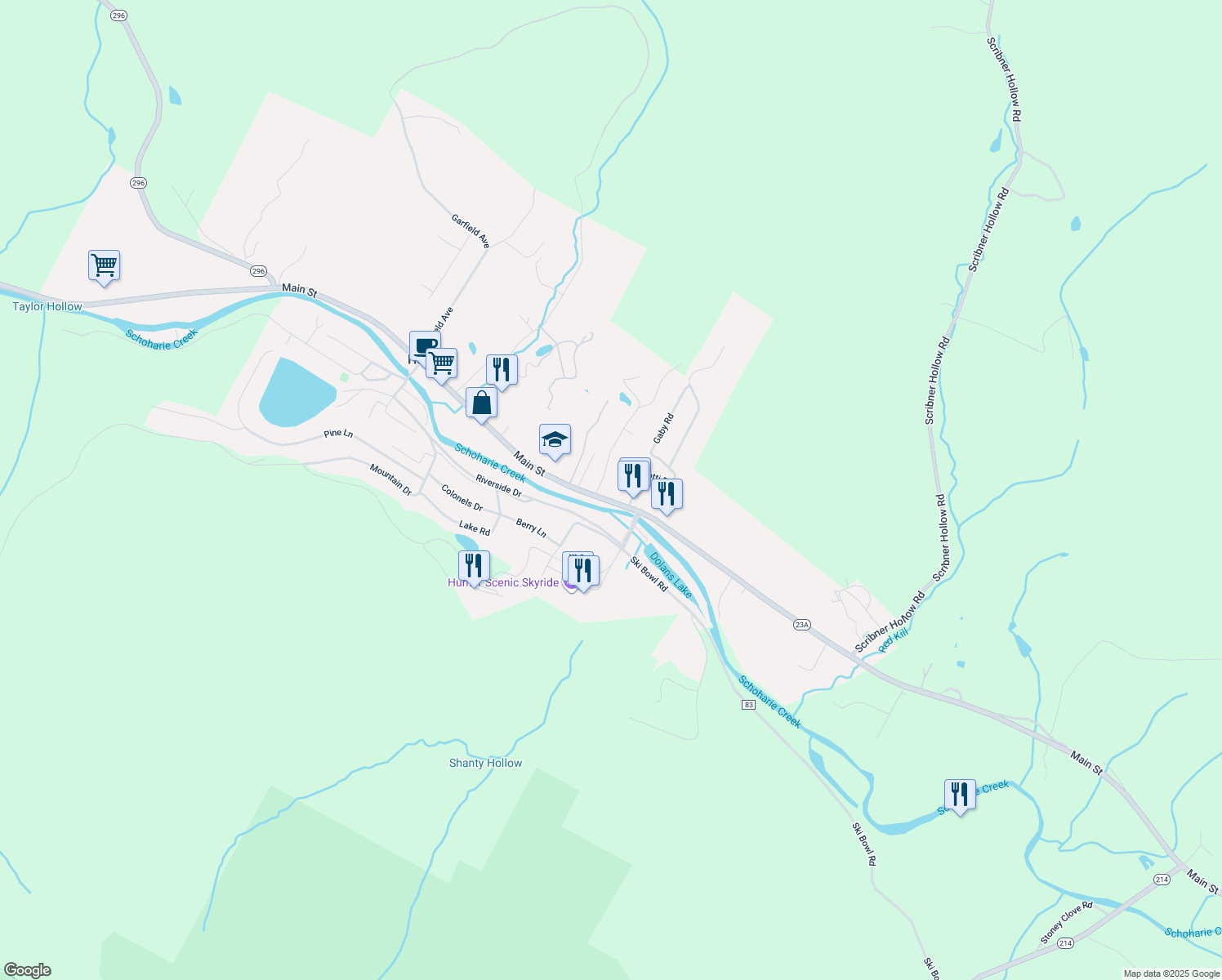 map of restaurants, bars, coffee shops, grocery stores, and more near 7748,7752 Main St in Hunter