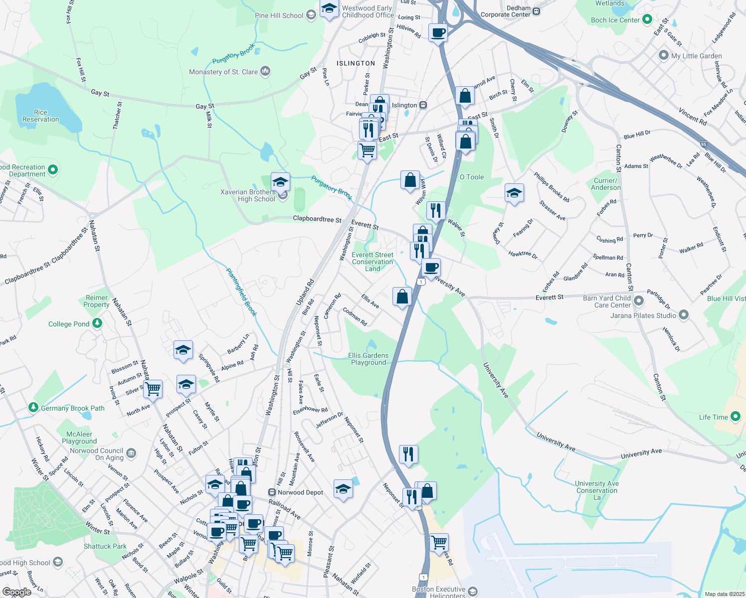 map of restaurants, bars, coffee shops, grocery stores, and more near 7 Maxwell Avenue in Norwood