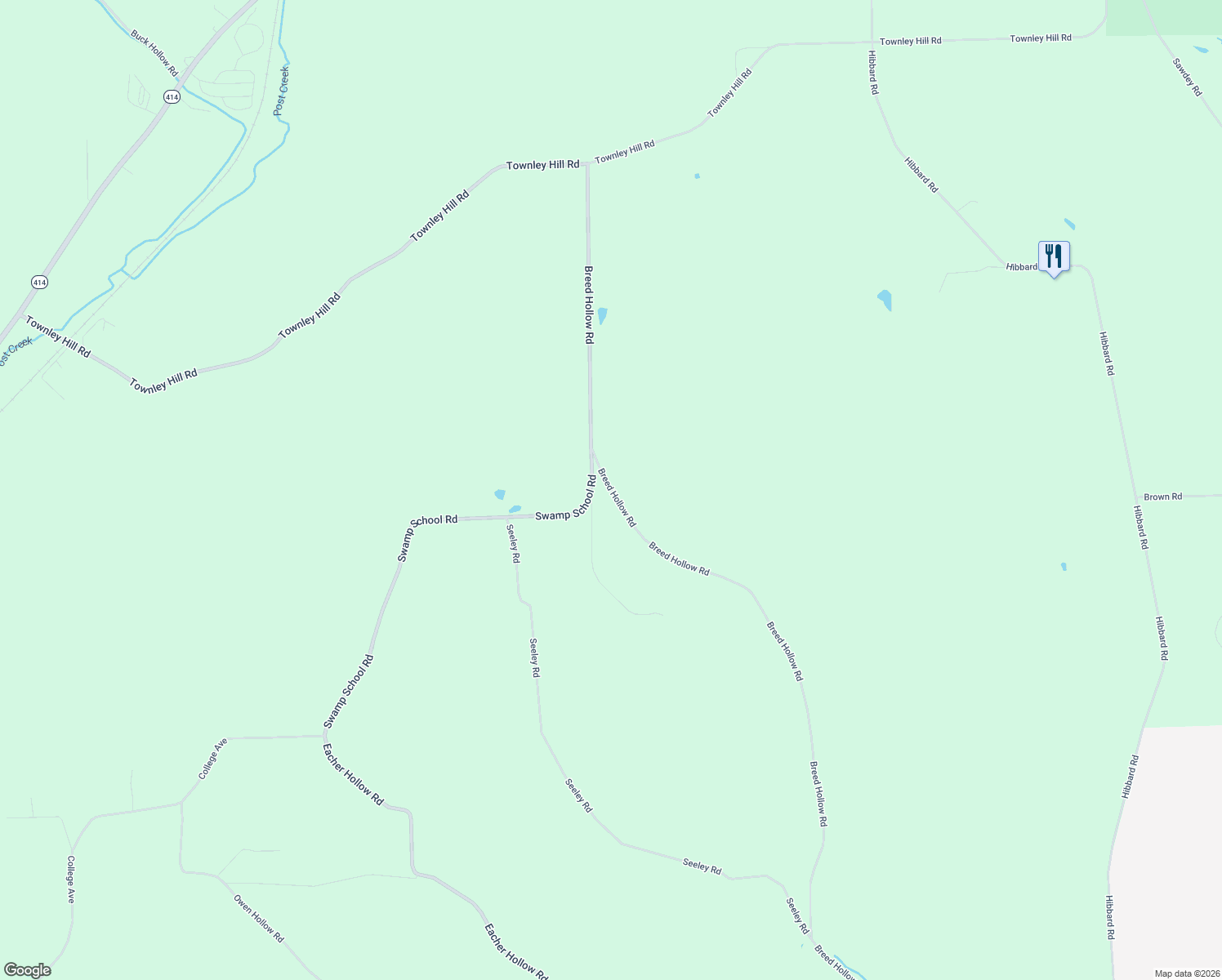 map of restaurants, bars, coffee shops, grocery stores, and more near Breed Hollow Road in Chemung County