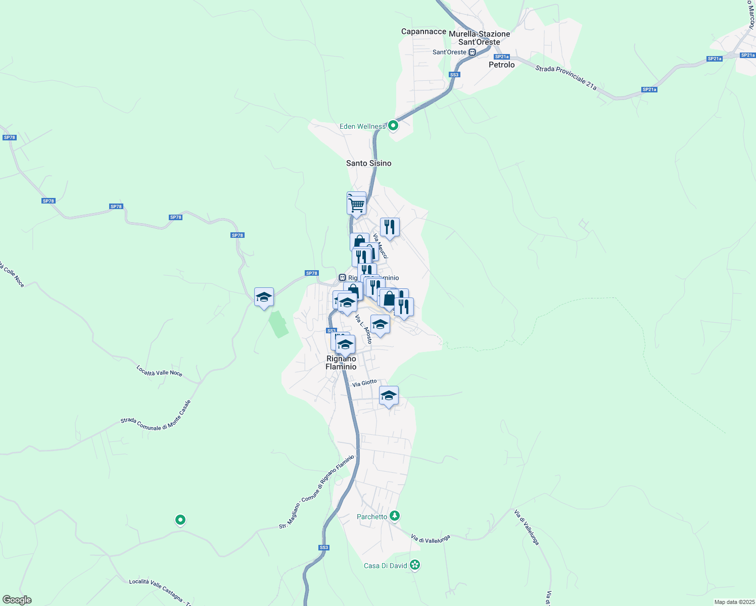 map of restaurants, bars, coffee shops, grocery stores, and more near 5 Via degli Orti in Rignano Flaminio