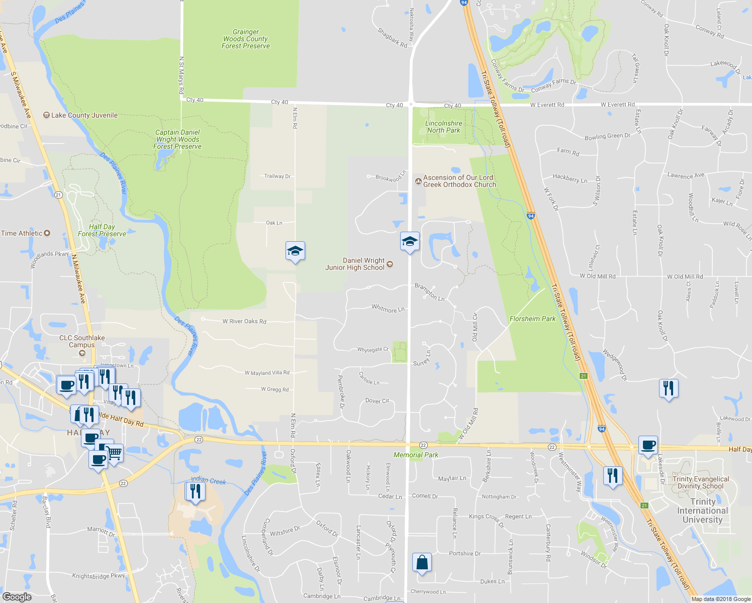 map of restaurants, bars, coffee shops, grocery stores, and more near 313 Whitmore Lane in Lake Forest