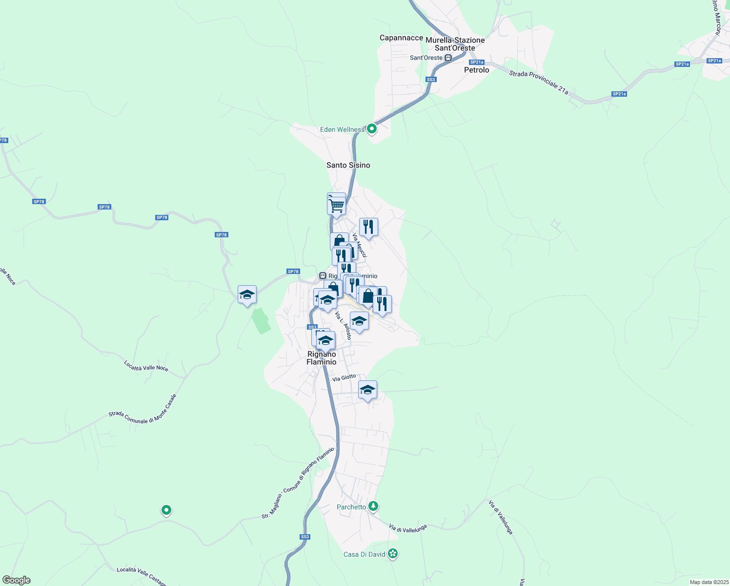 map of restaurants, bars, coffee shops, grocery stores, and more near 28 Via del Cocchio in Rignano Flaminio