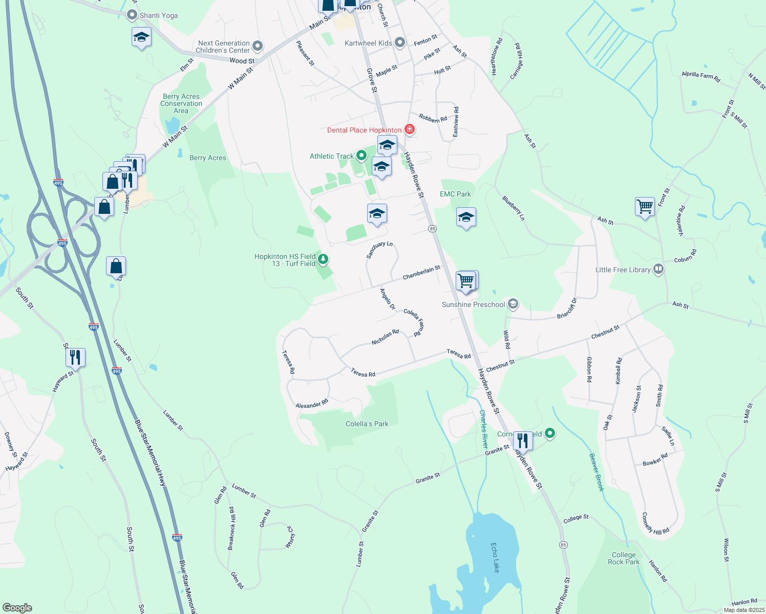 map of restaurants, bars, coffee shops, grocery stores, and more near 6 Angelo Drive in Hopkinton