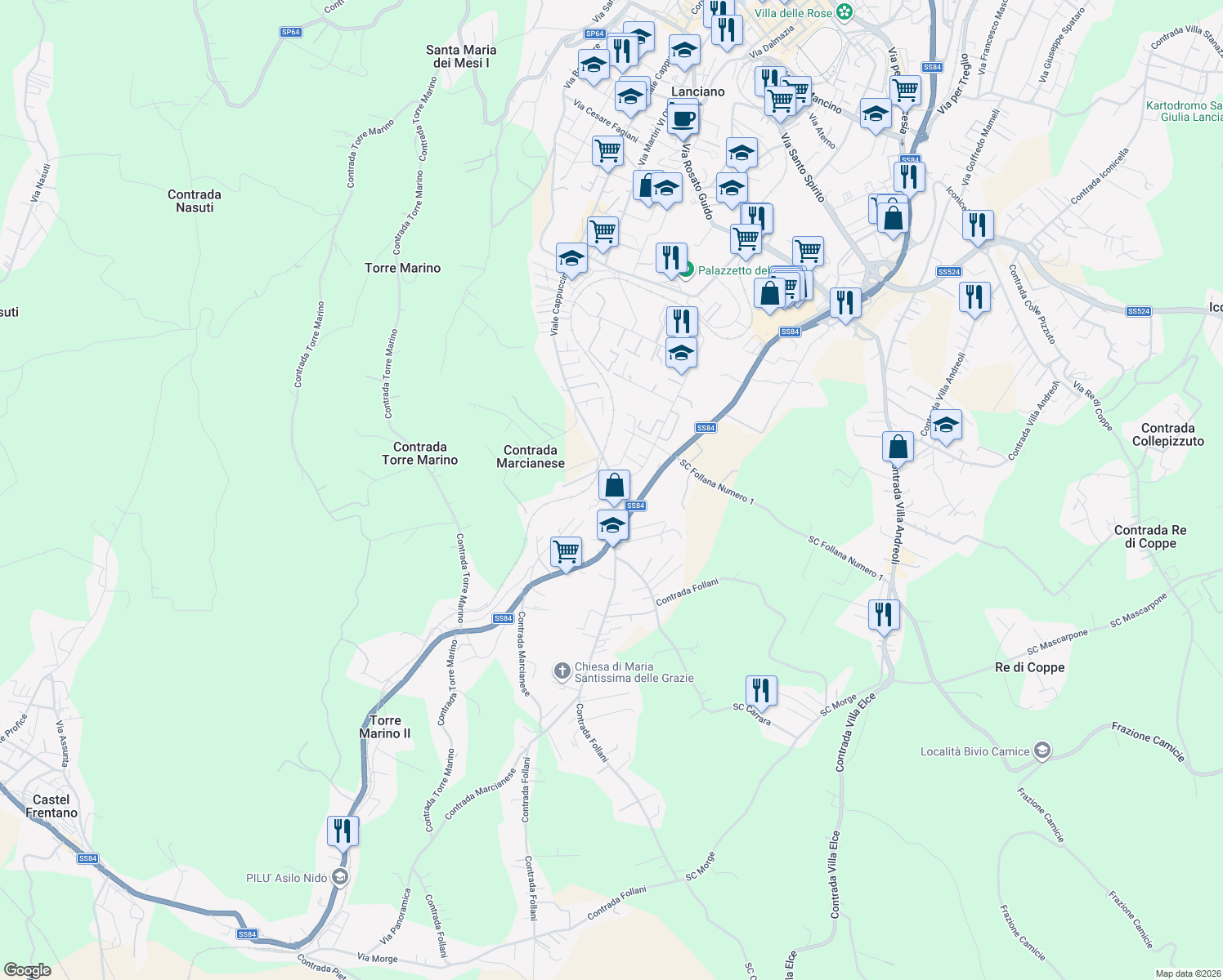 map of restaurants, bars, coffee shops, grocery stores, and more near 176 Contrada Marcianese in Lanciano