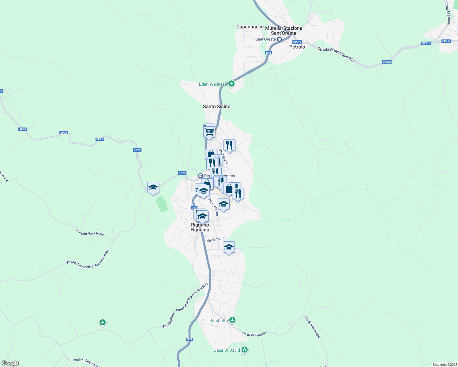 map of restaurants, bars, coffee shops, grocery stores, and more near 28 Via del Cocchio in Rignano Flaminio