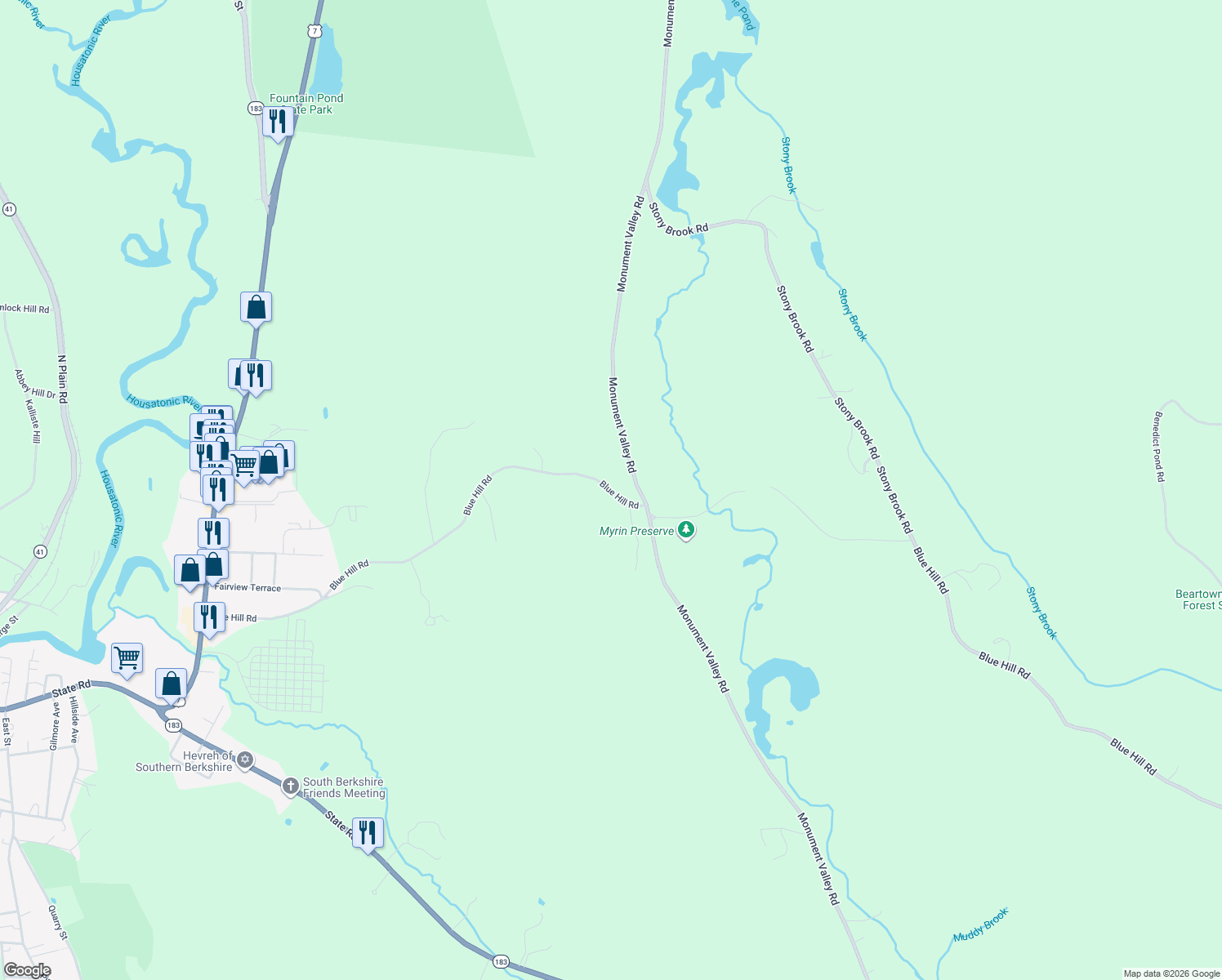 map of restaurants, bars, coffee shops, grocery stores, and more near 67 Blue Hill Road in Great Barrington