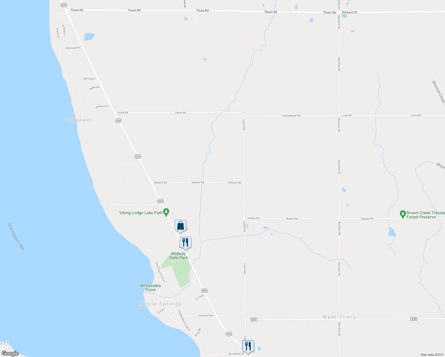 map of restaurants, bars, coffee shops, grocery stores, and more near 5446 Weaver Road in Bemus Point