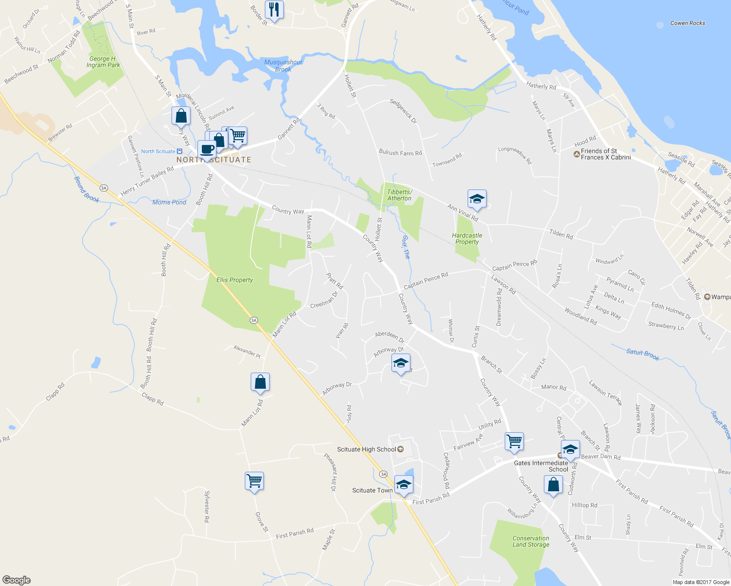 map of restaurants, bars, coffee shops, grocery stores, and more near 50 Hatchet Rock Road in Scituate