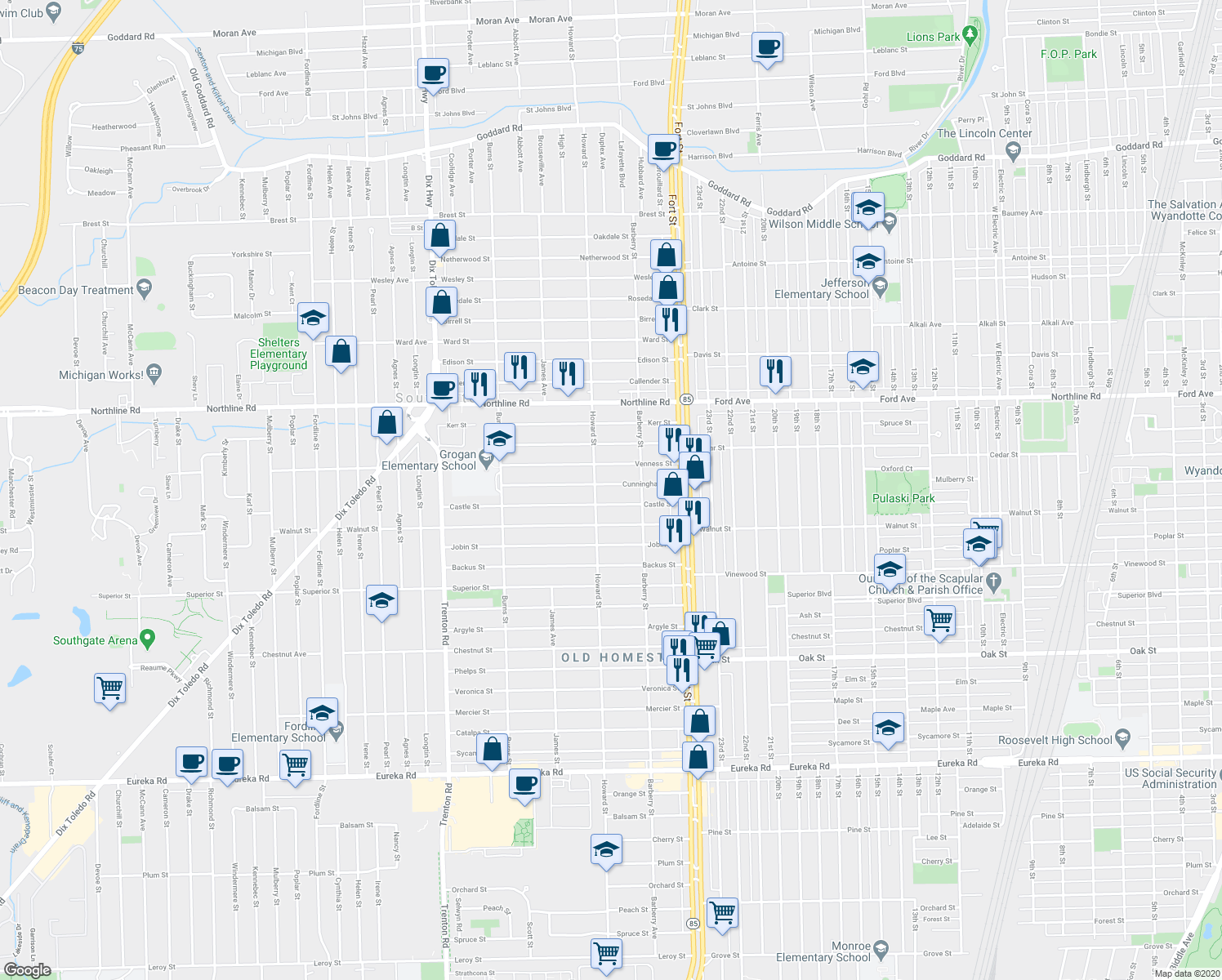 map of restaurants, bars, coffee shops, grocery stores, and more near 13033 Cunningham Street in Southgate