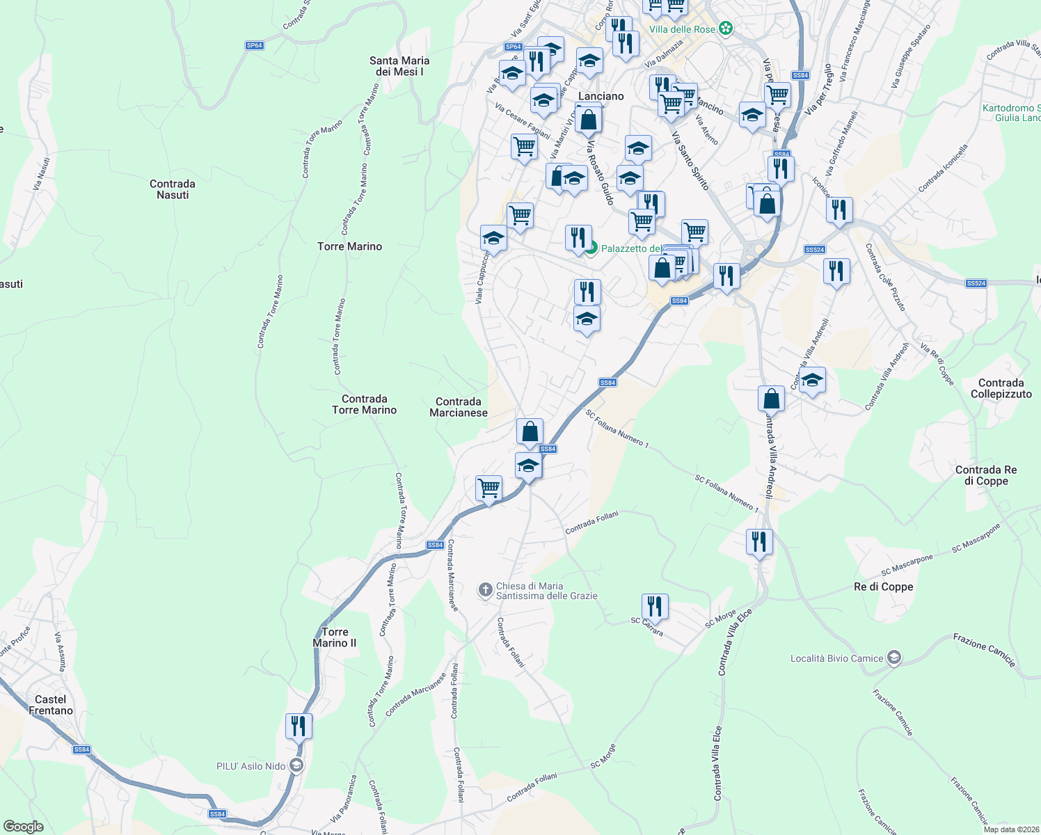 map of restaurants, bars, coffee shops, grocery stores, and more near 176 Contrada Marcianese in Lanciano