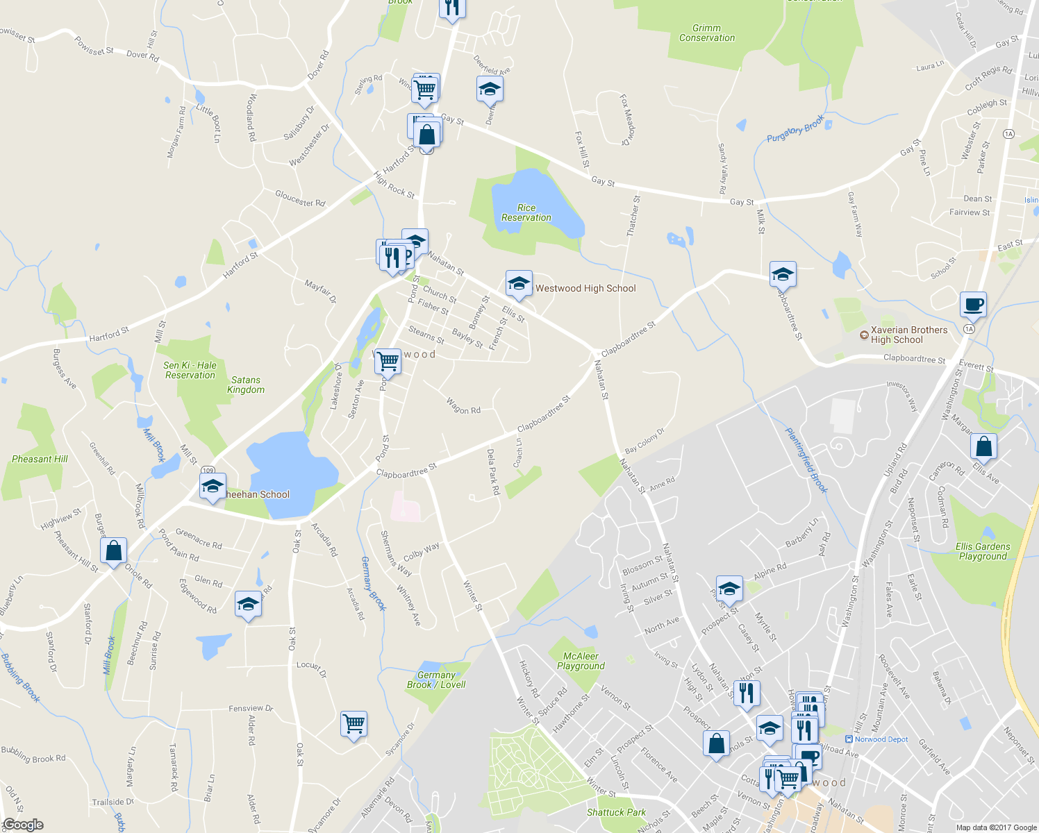 map of restaurants, bars, coffee shops, grocery stores, and more near 216 Clapboardtree Street in Westwood