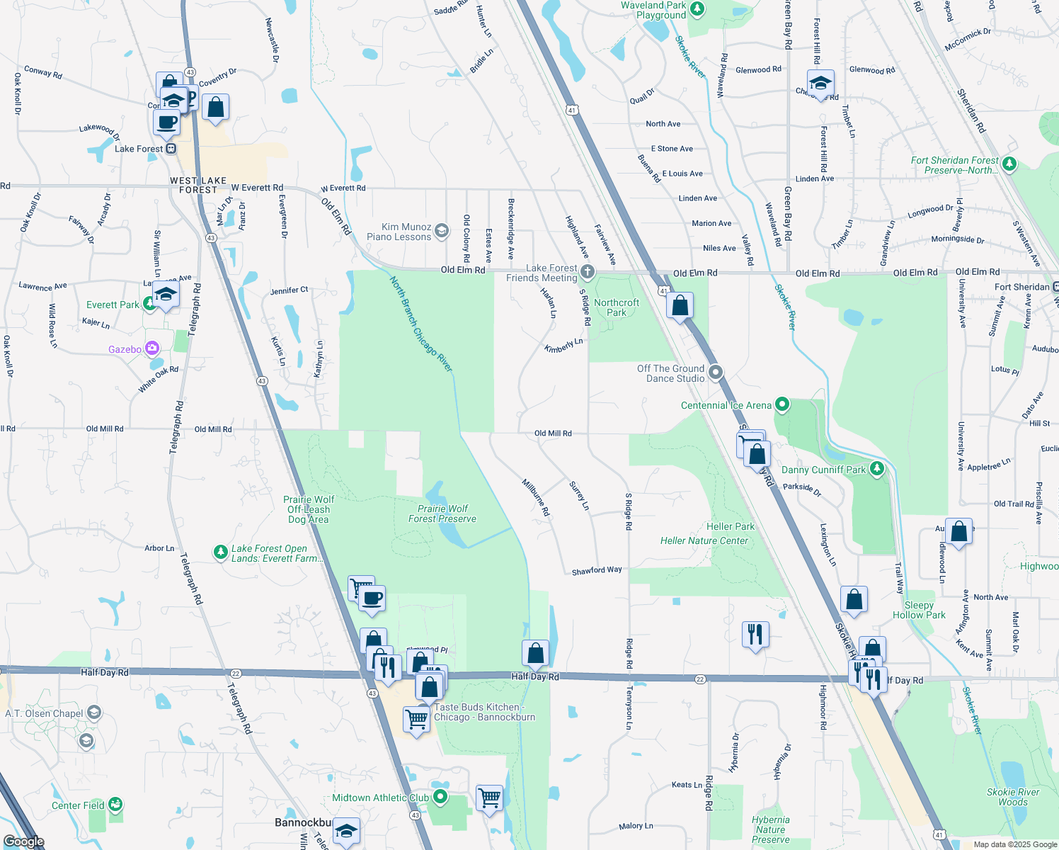 map of restaurants, bars, coffee shops, grocery stores, and more near 1571 Christina Ln in Lake Forest
