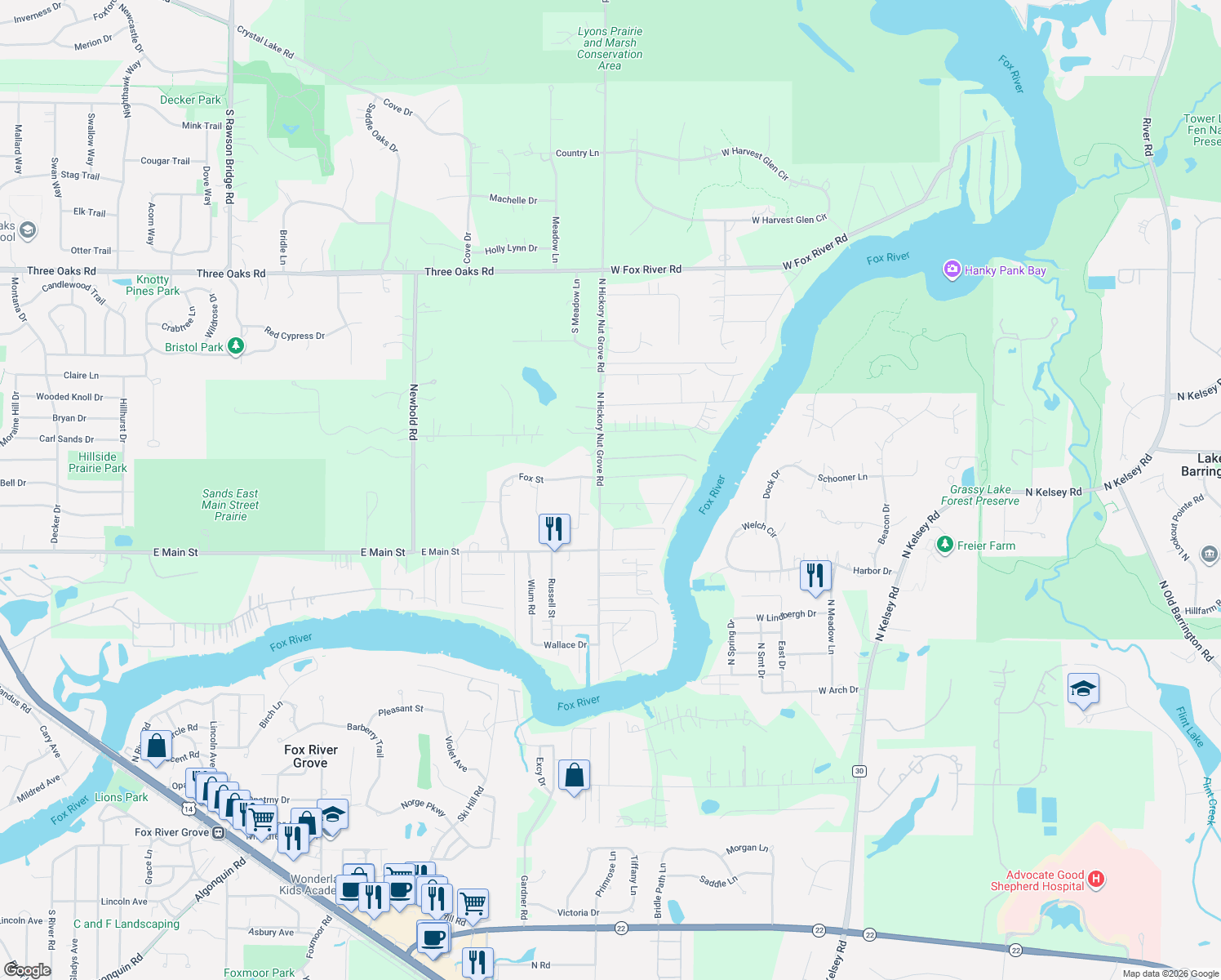 map of restaurants, bars, coffee shops, grocery stores, and more near 28971 Fox Street in Cary